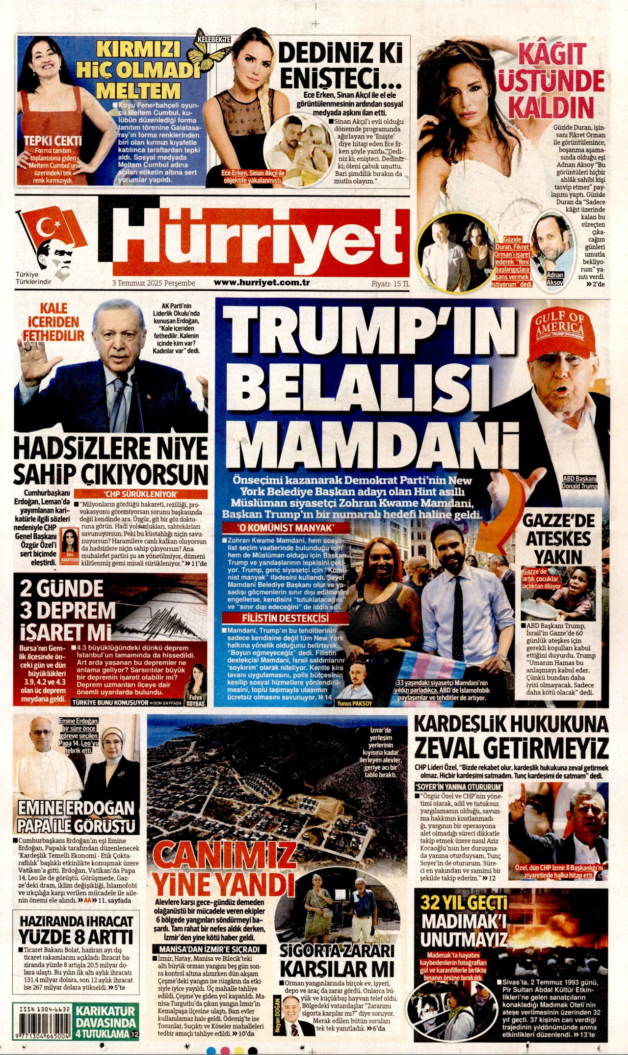 HÜRRİYET gazetesinin 3 Temmuz 2025 tarihli birinci sayfası