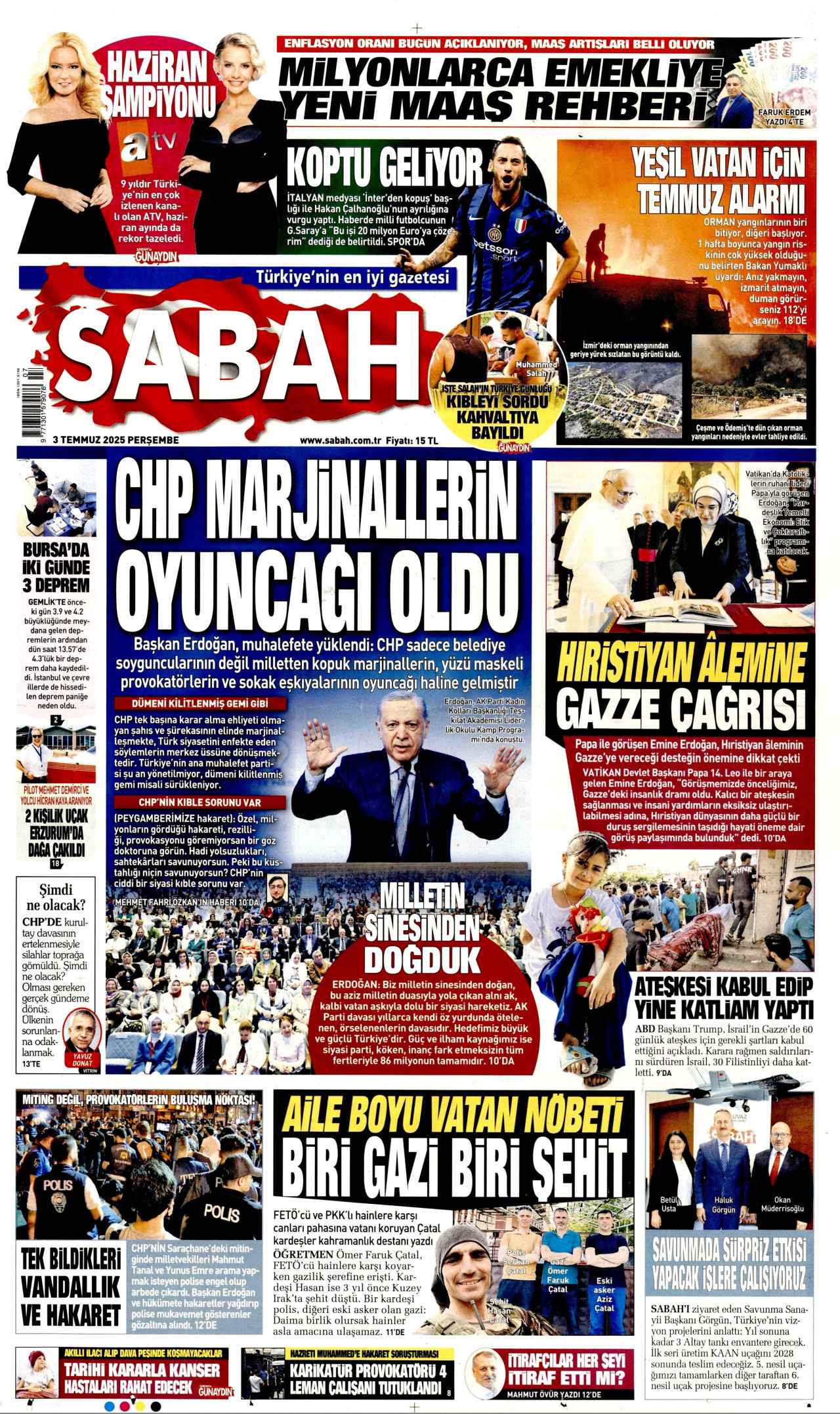 SABAH gazetesinin 3 Temmuz 2025 tarihli birinci sayfası