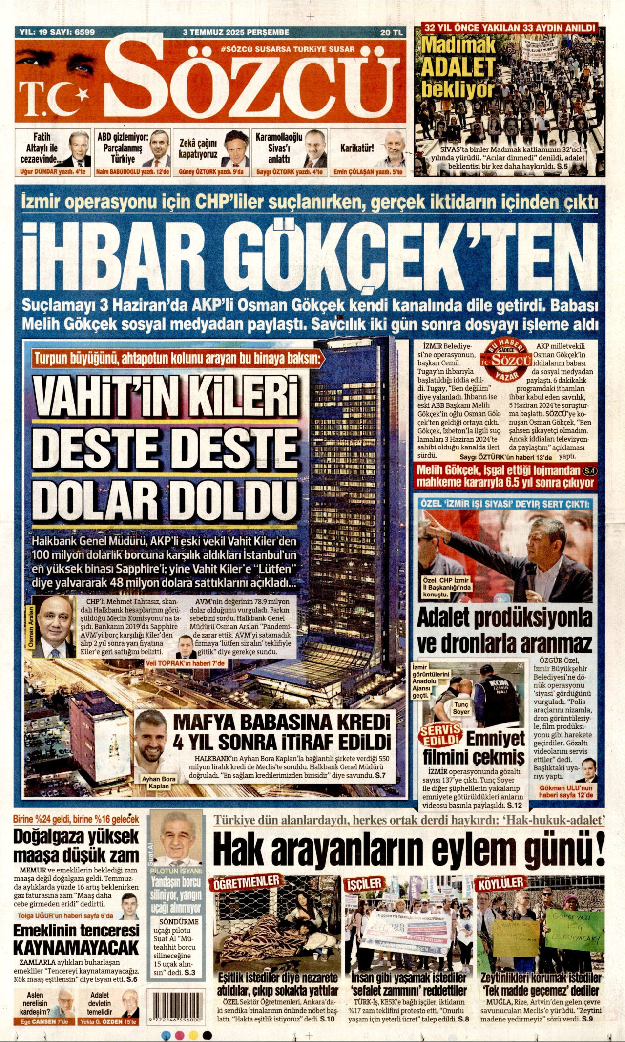 SÖZCÜ gazetesinin 3 Temmuz 2025 tarihli birinci sayfası