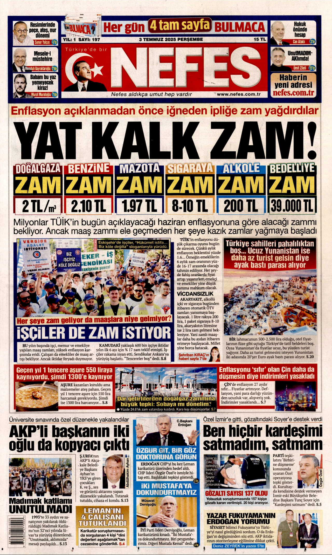 NEFES gazetesinin 3 Temmuz 2025 tarihli birinci sayfası