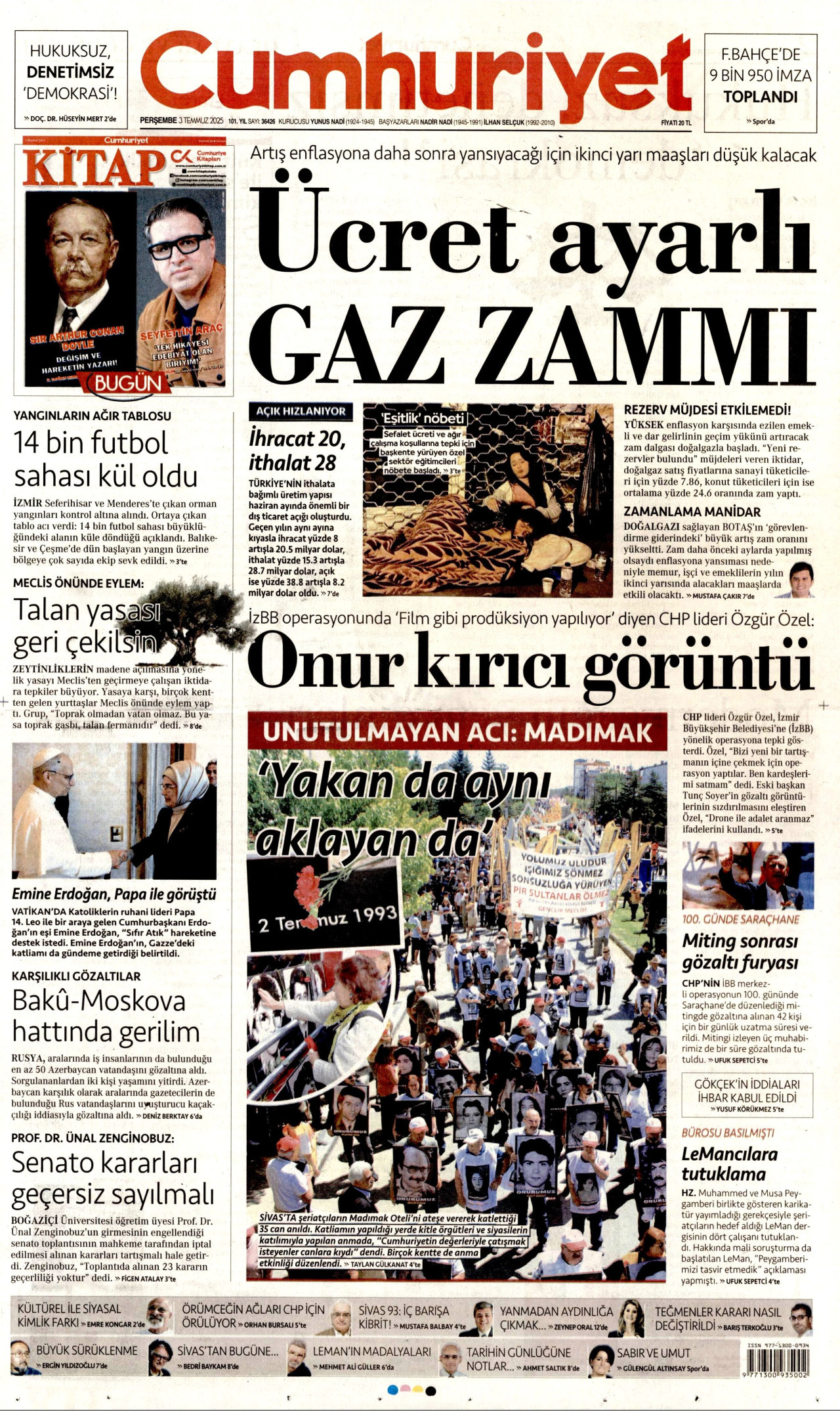 CUMHURİYET gazetesinin 3 Temmuz 2025 tarihli birinci sayfası