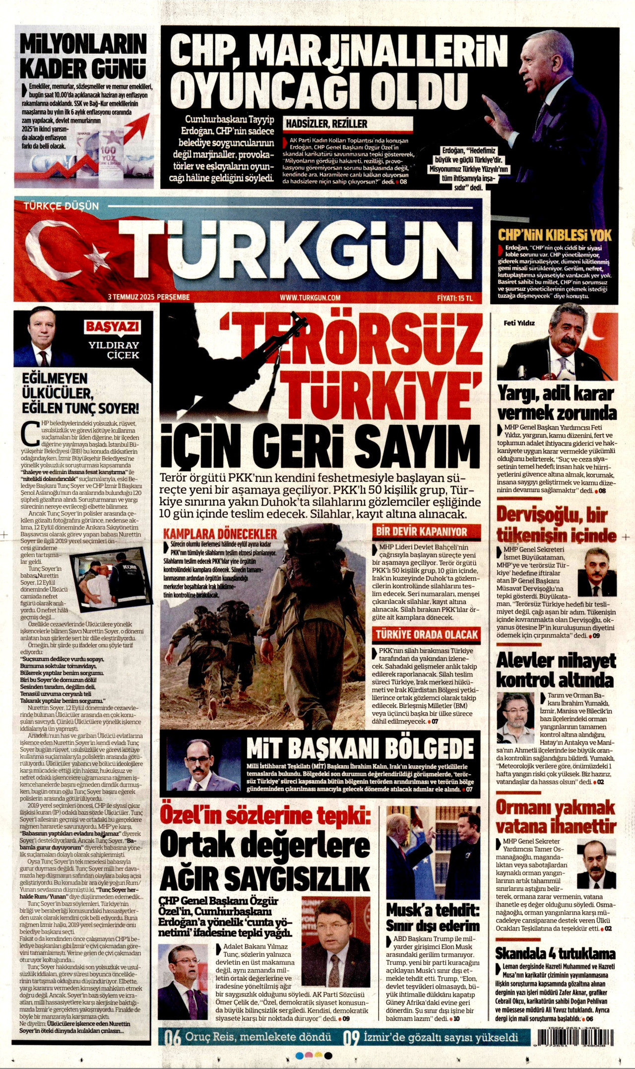 TÜRKGÜN gazetesinin 3 Temmuz 2025 tarihli birinci sayfası