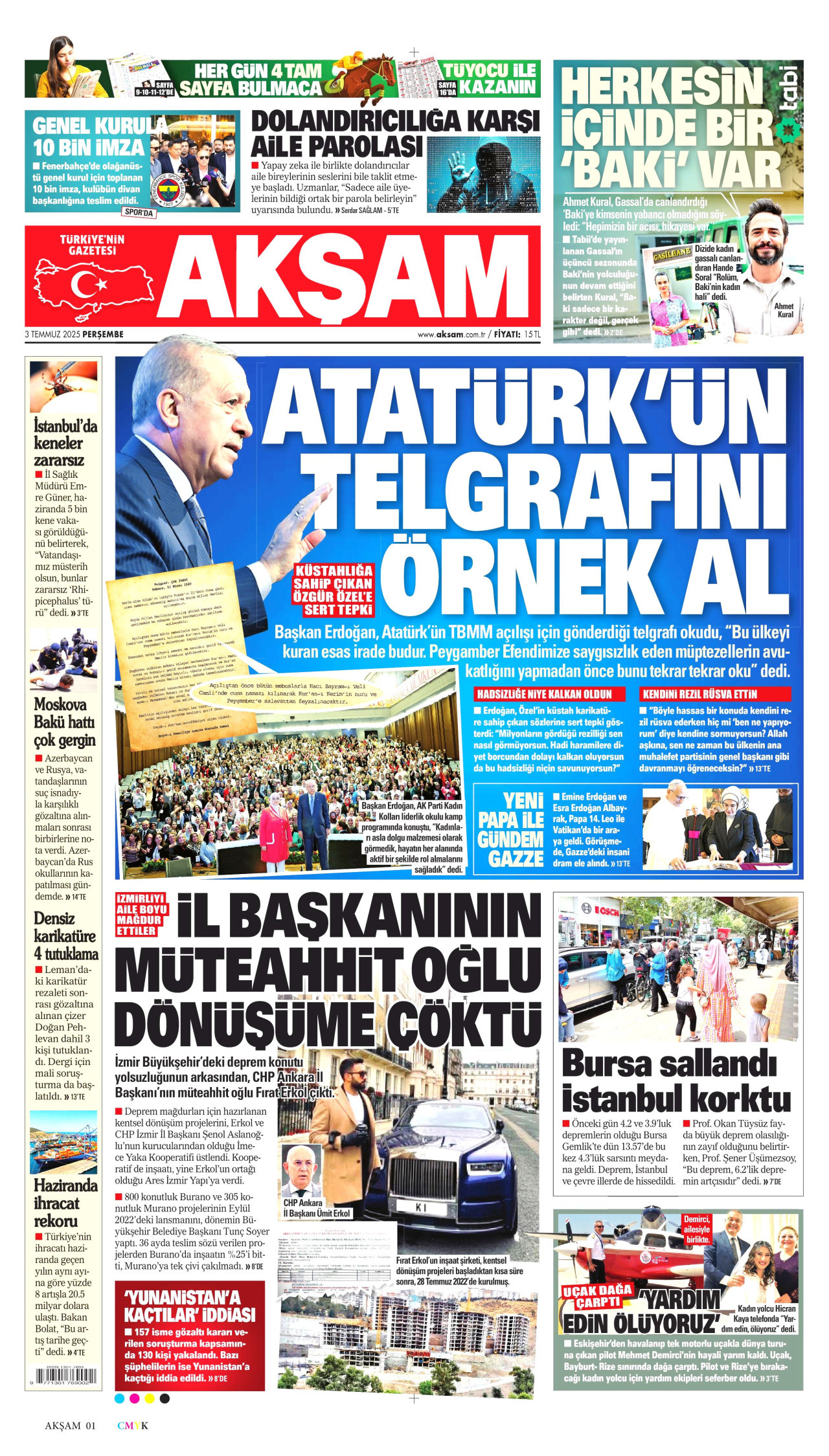 AKŞAM gazetesinin 3 Temmuz 2025 tarihli birinci sayfası
