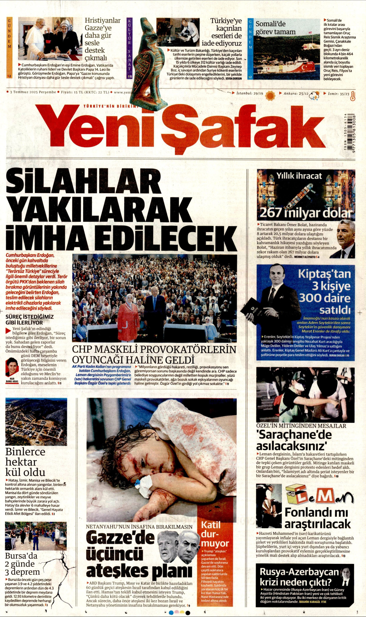 YENİ ŞAFAK gazetesinin 3 Temmuz 2025 tarihli birinci sayfası