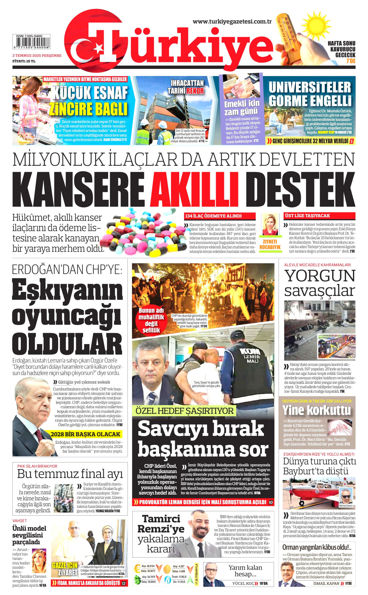 TÜRKİYE GAZETESİ gazetesinin 3 Temmuz 2025 tarihli birinci sayfası