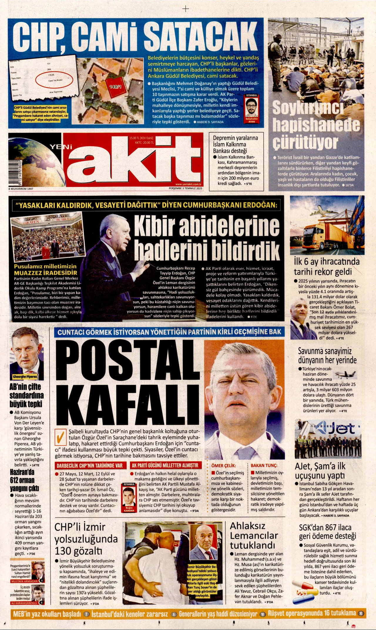 YENİ AKİT gazetesinin 3 Temmuz 2025 tarihli birinci sayfası