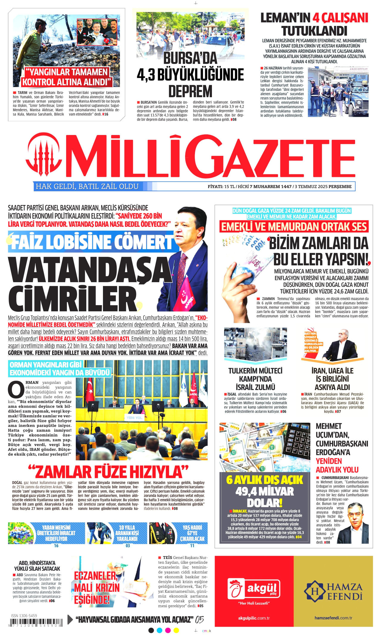 MİLLİ GAZETE gazetesinin 3 Temmuz 2025 tarihli birinci sayfası