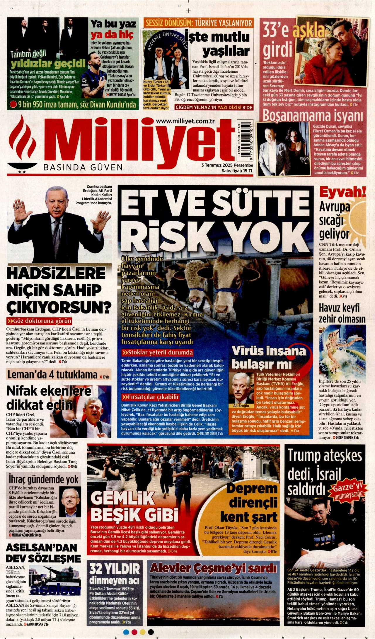 MİLLİYET gazetesinin 3 Temmuz 2025 tarihli birinci sayfası