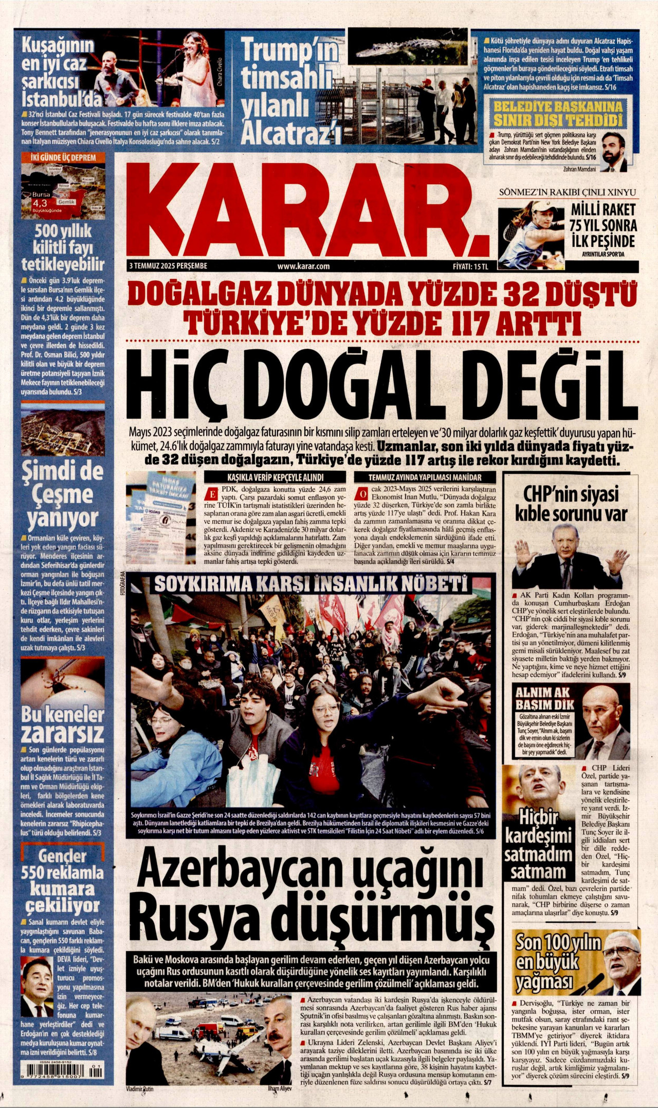 KARAR gazetesinin 3 Temmuz 2025 tarihli birinci sayfası