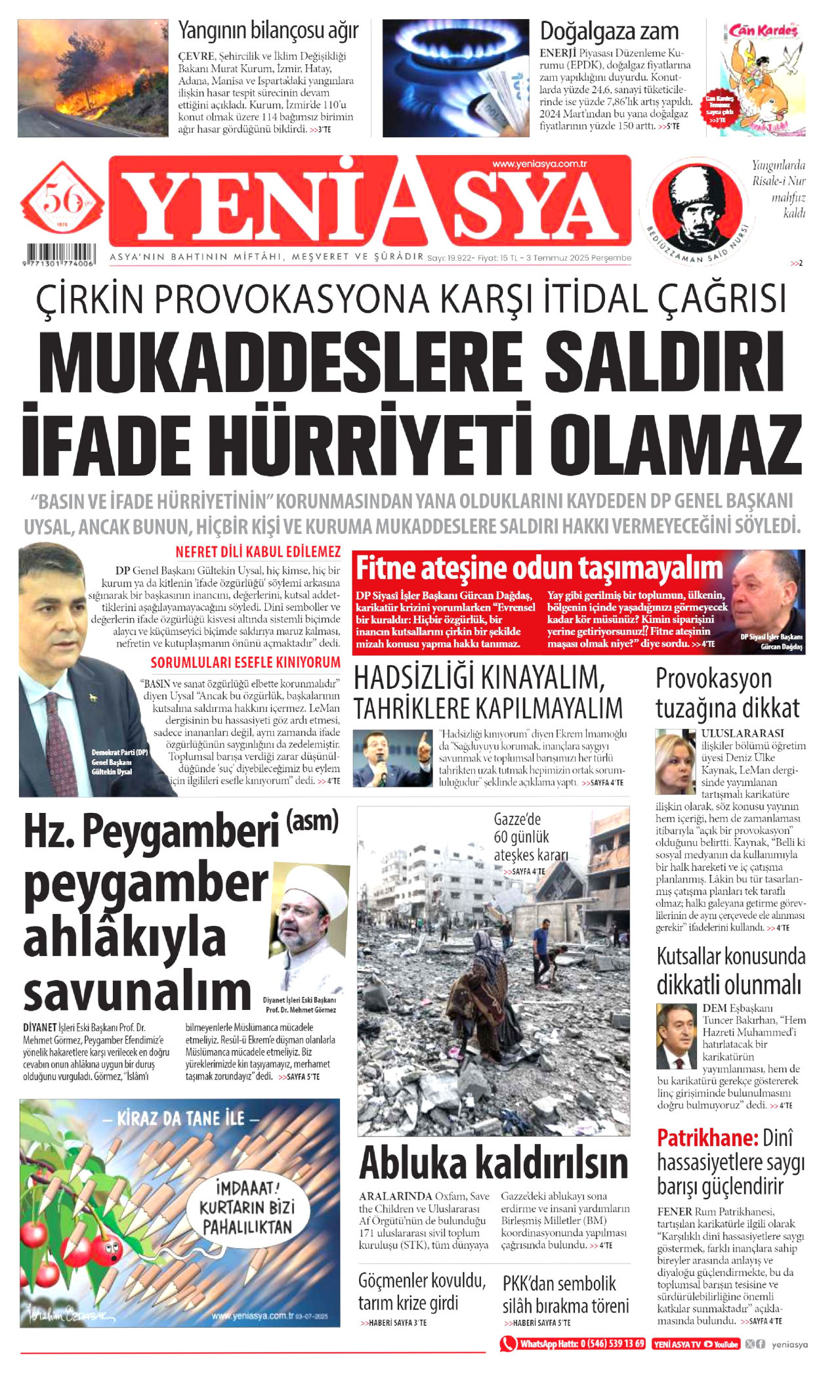 YENİ ASYA gazetesinin 3 Temmuz 2025 tarihli birinci sayfası