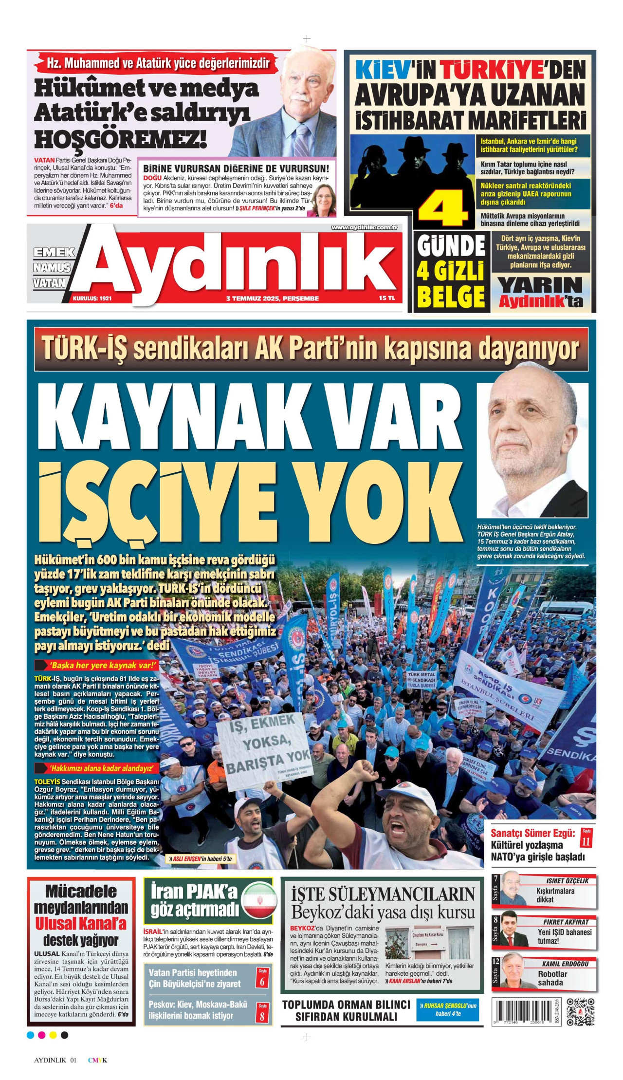 AYDINLIK GAZETESİ gazetesinin 3 Temmuz 2025 tarihli birinci sayfası
