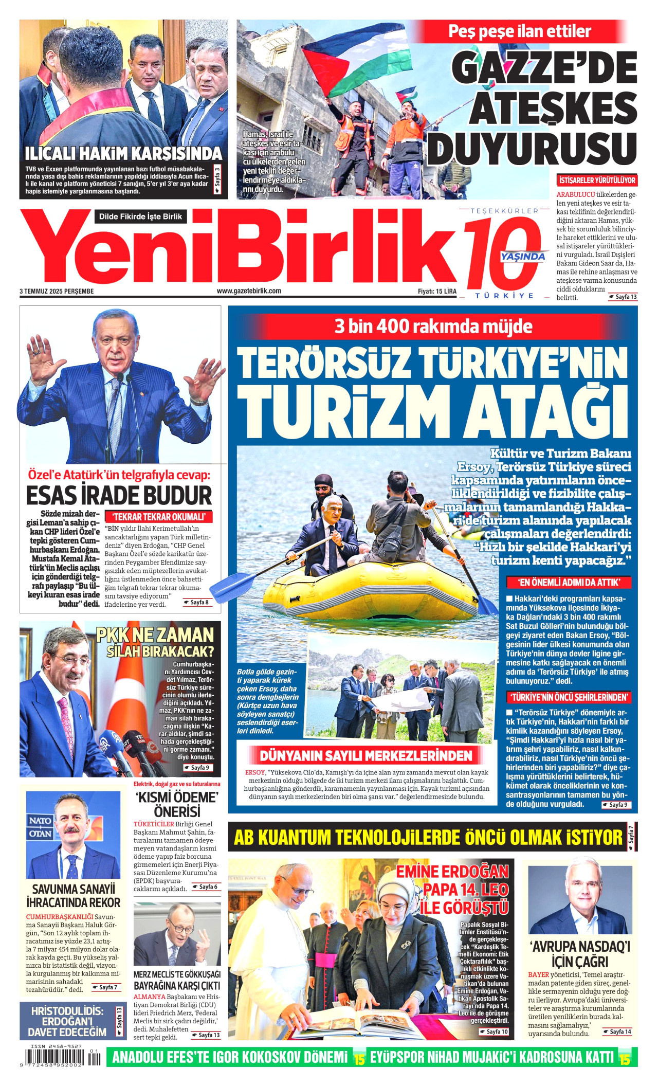 YENİBİRLİK gazetesinin 3 Temmuz 2025 tarihli birinci sayfası