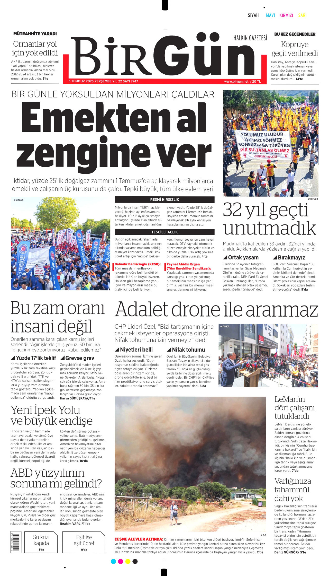 BİRGÜN gazetesinin 3 Temmuz 2025 tarihli birinci sayfası