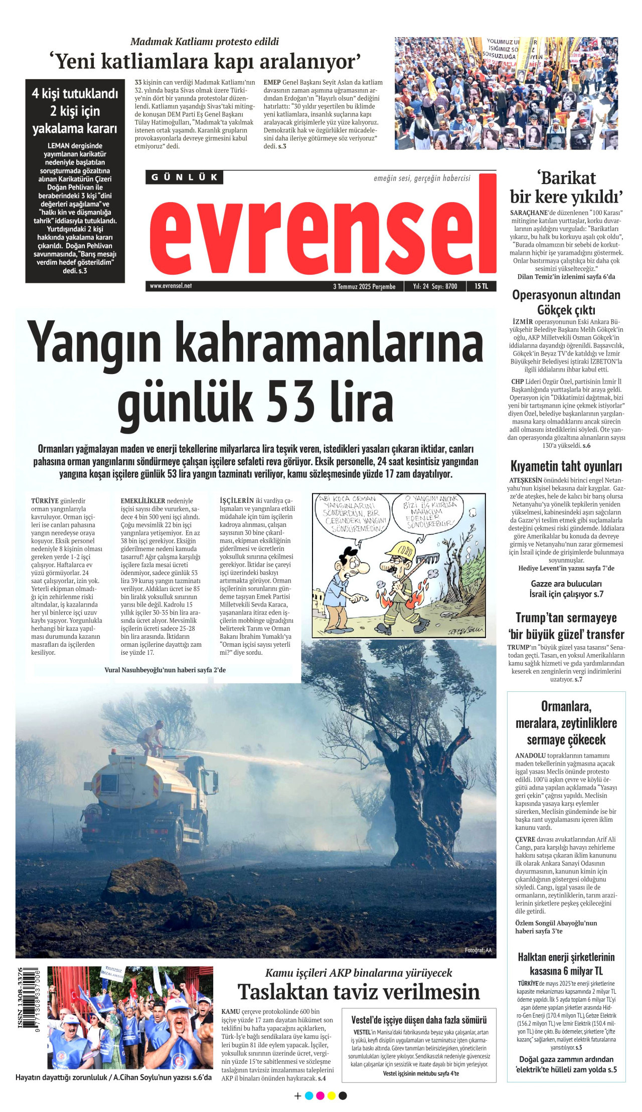 EVRENSEL gazetesinin 3 Temmuz 2025 tarihli birinci sayfası