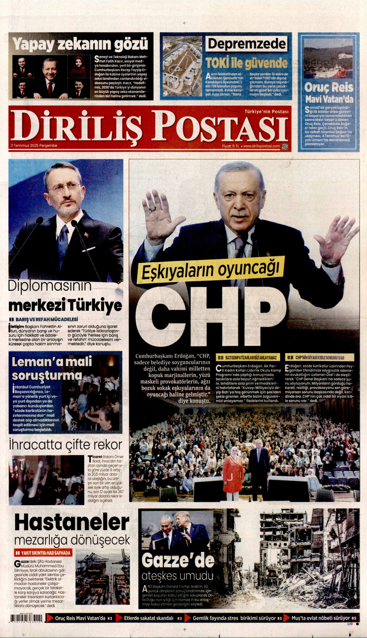 DİRİLİŞ POSTASI gazetesinin 3 Temmuz 2025 tarihli birinci sayfası