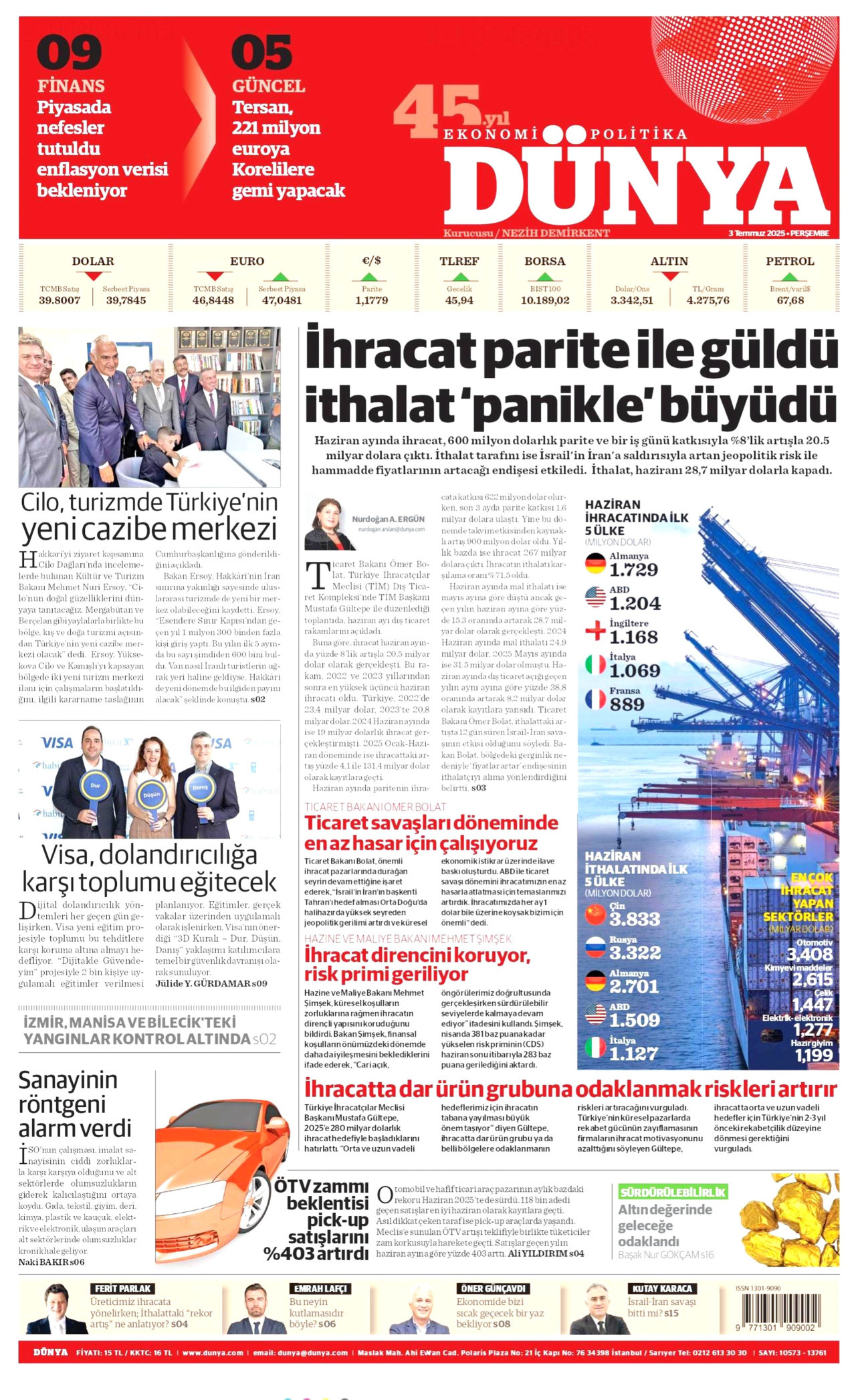 DÜNYA gazetesinin 3 Temmuz 2025 tarihli birinci sayfası