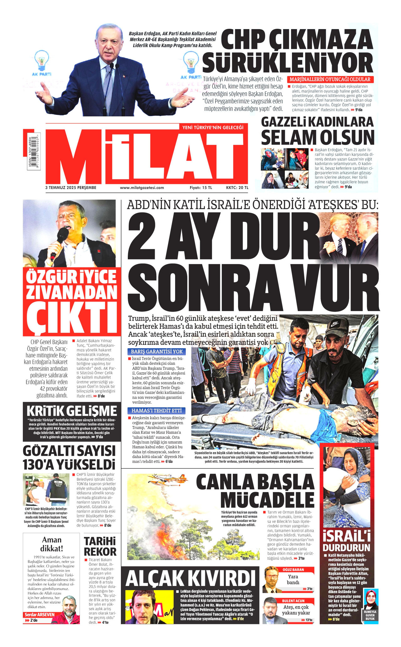 MİLAT gazetesinin 3 Temmuz 2025 tarihli birinci sayfası