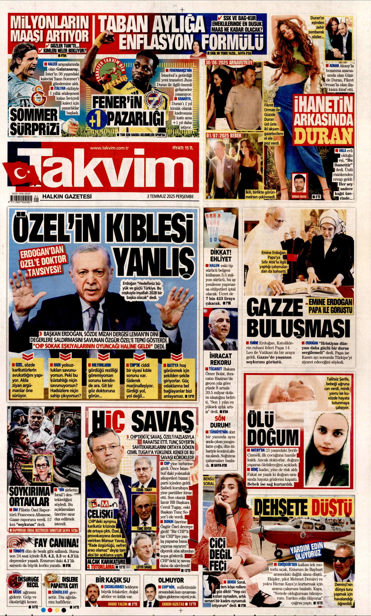 TAKVİM gazetesinin 3 Temmuz 2025 tarihli birinci sayfası