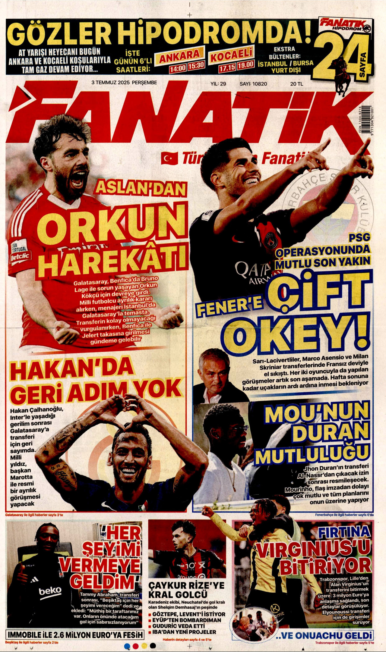FANATİK gazetesinin 3 Temmuz 2025 tarihli birinci sayfası