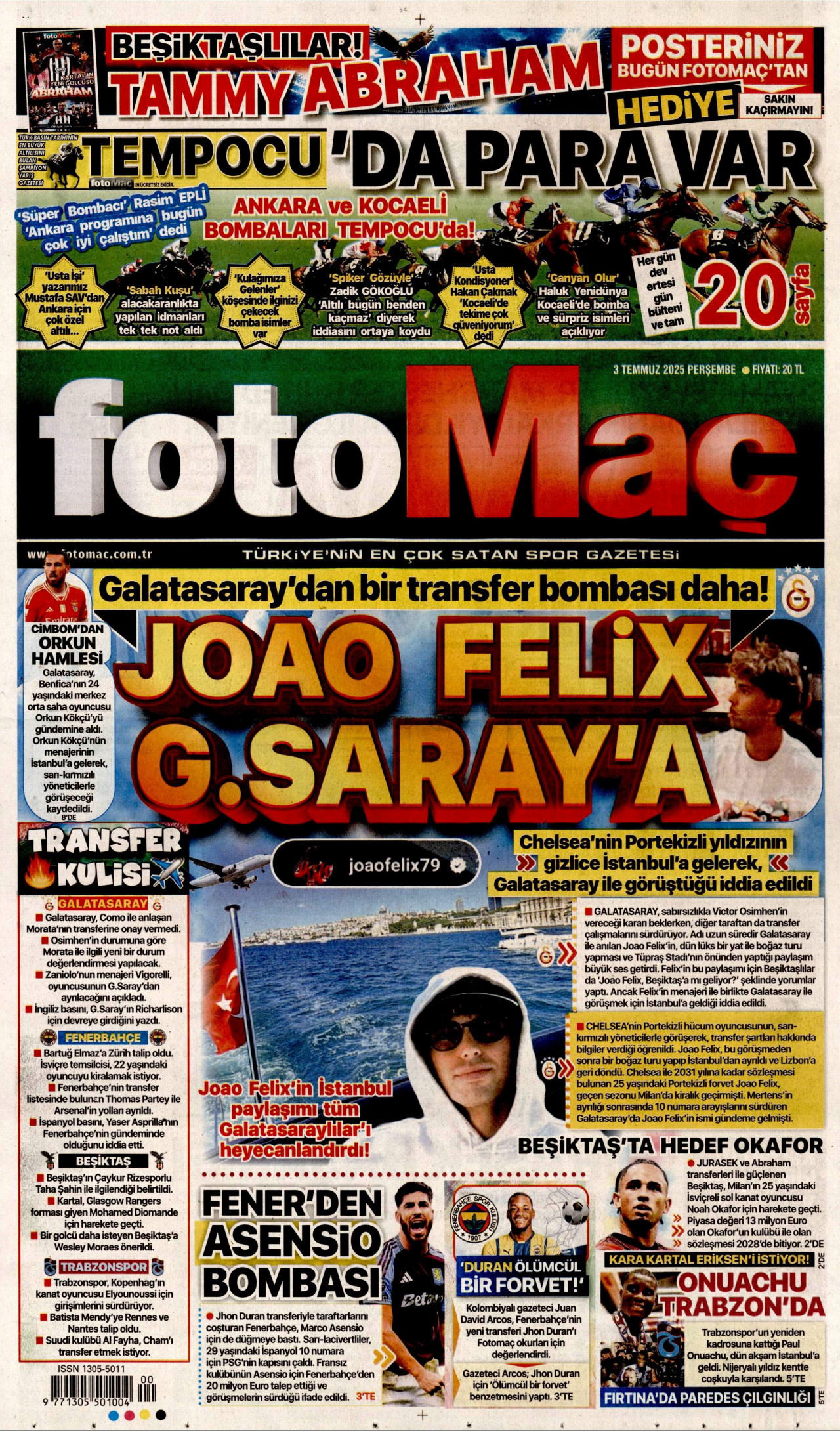 FOTOMAÇ gazetesinin 3 Temmuz 2025 tarihli birinci sayfası