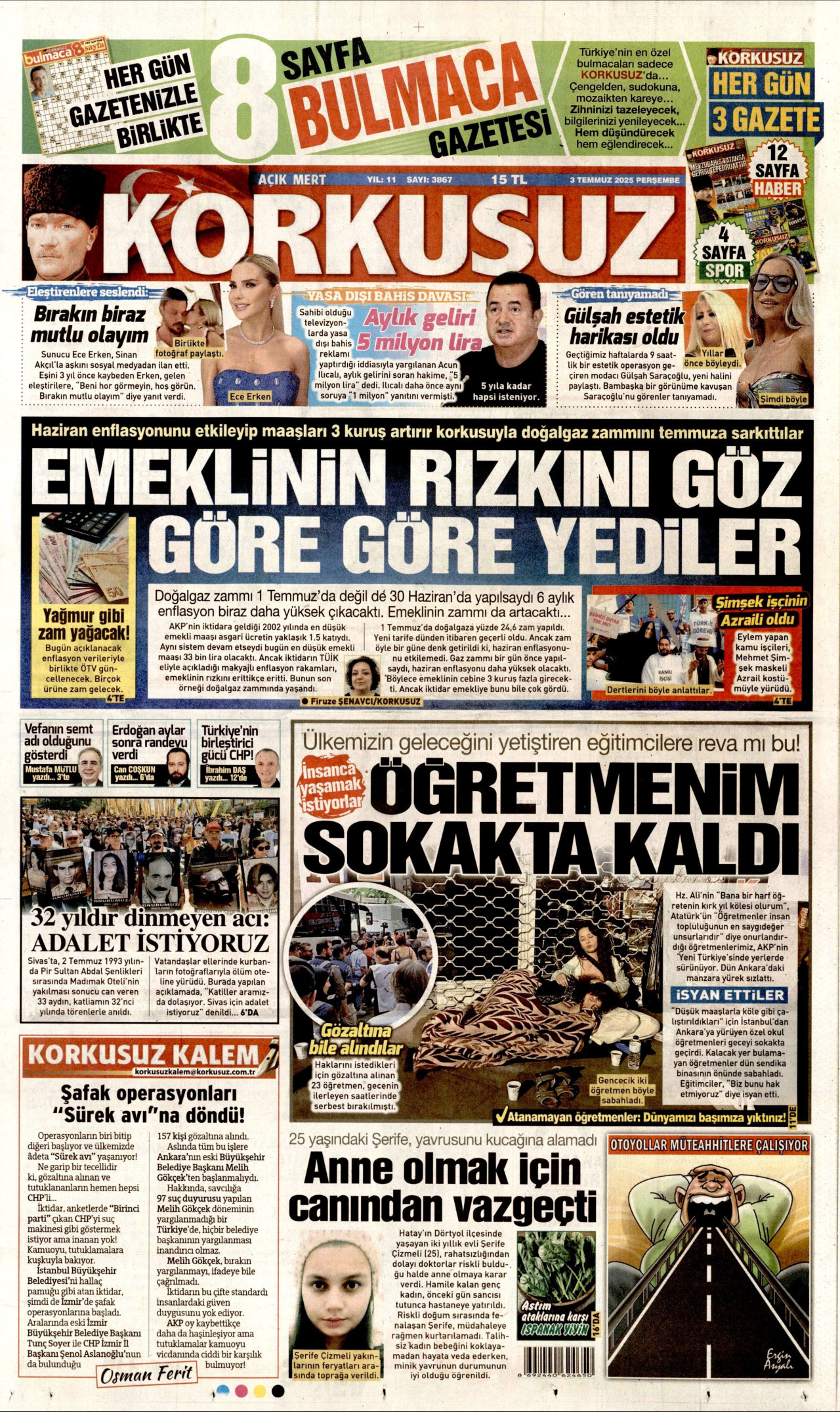 KORKUSUZ gazetesinin 3 Temmuz 2025 tarihli birinci sayfası