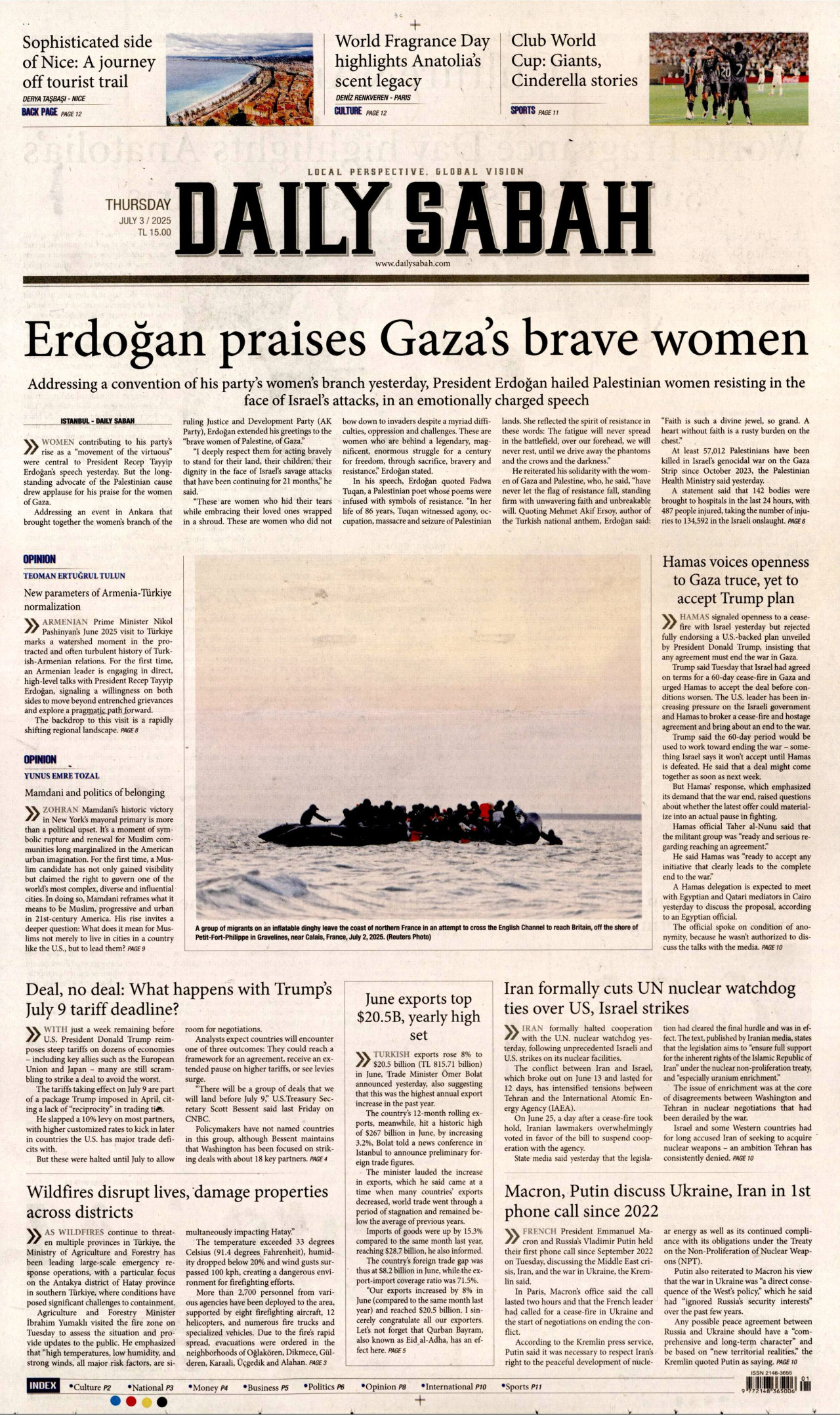 DAİLY SABAH gazetesinin 3 Temmuz 2025 tarihli birinci sayfası