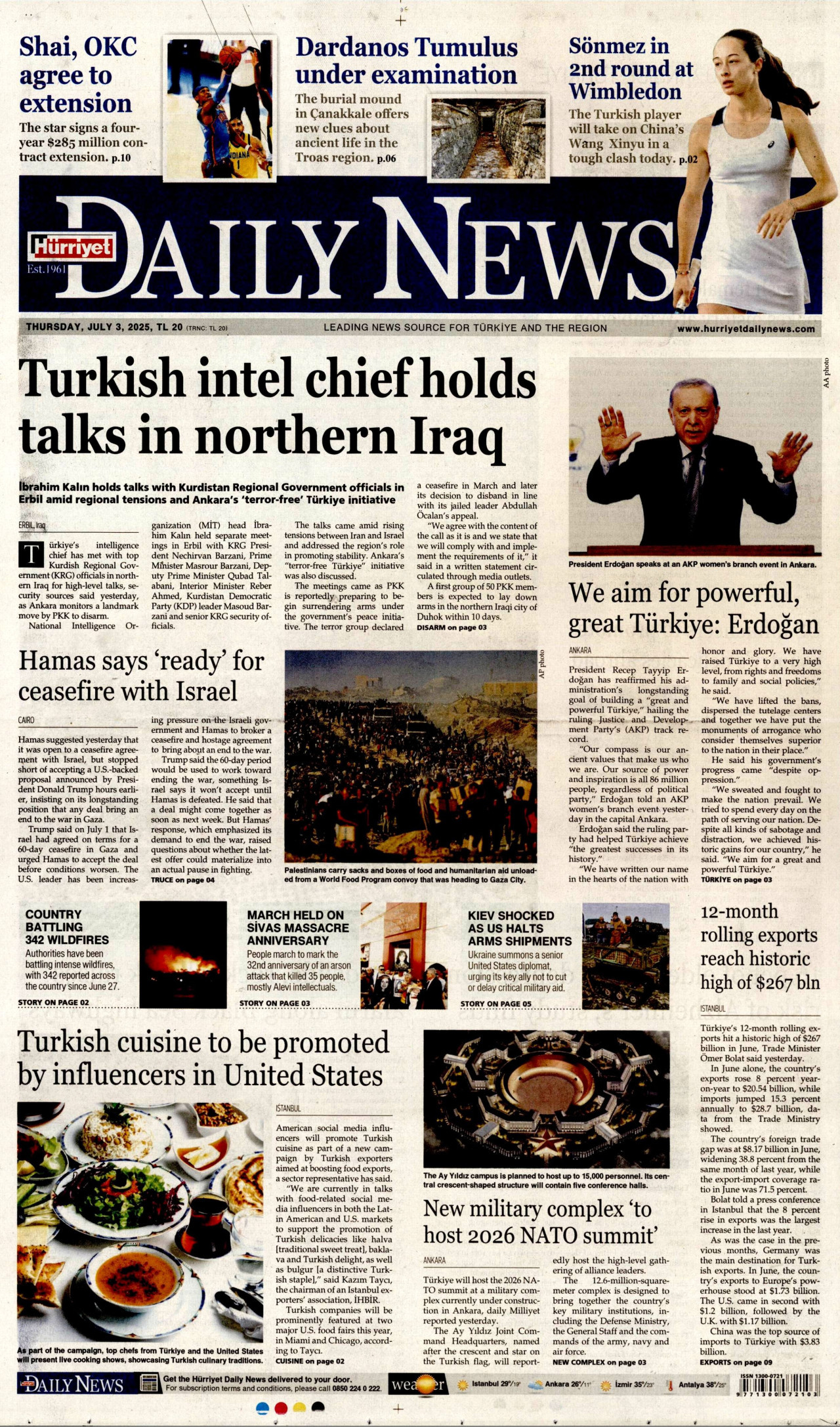 HÜRRİYET DAİLY NEWS gazetesinin 3 Temmuz 2025 tarihli birinci sayfası