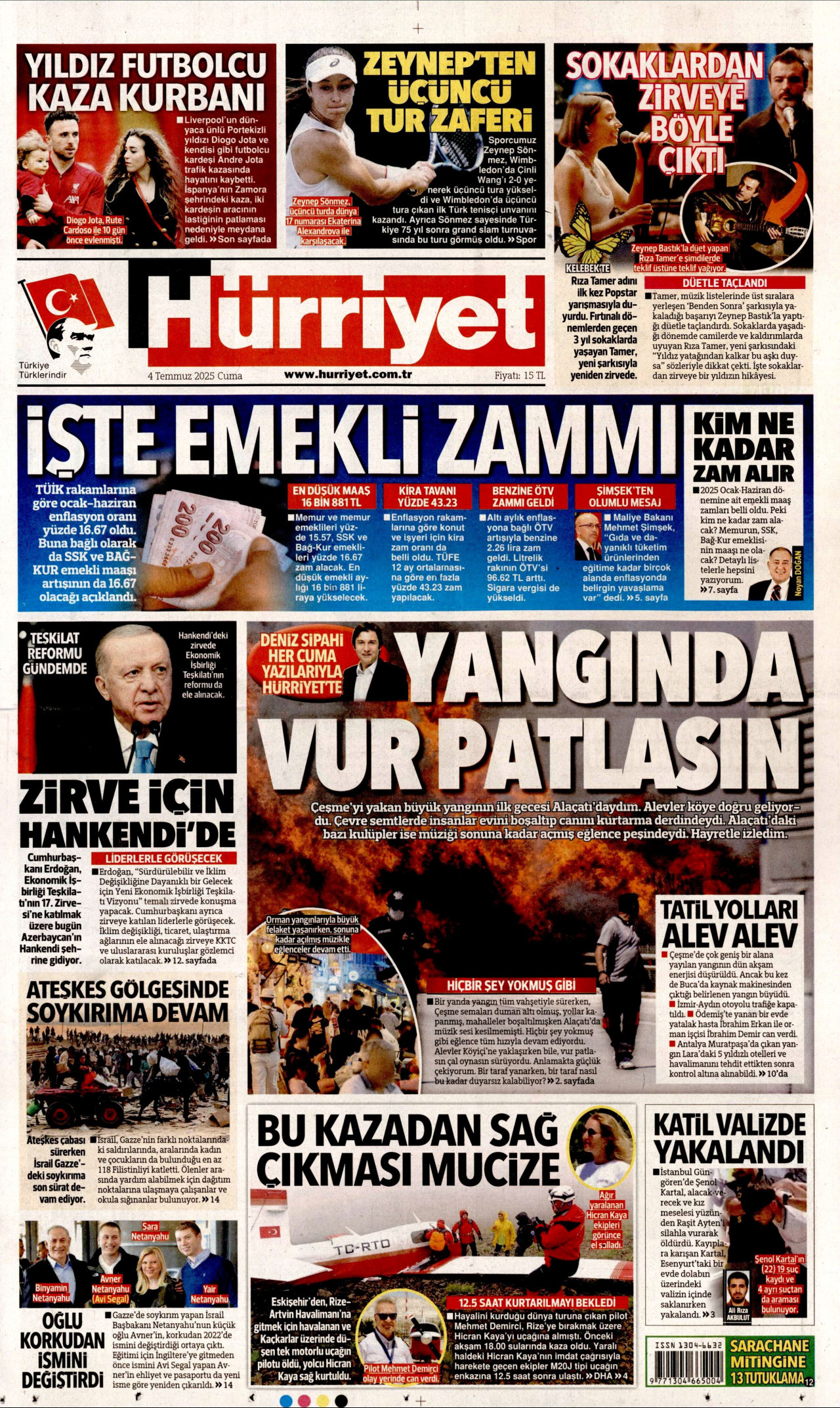 HÜRRİYET gazetesinin 4 Temmuz 2025 tarihli birinci sayfası