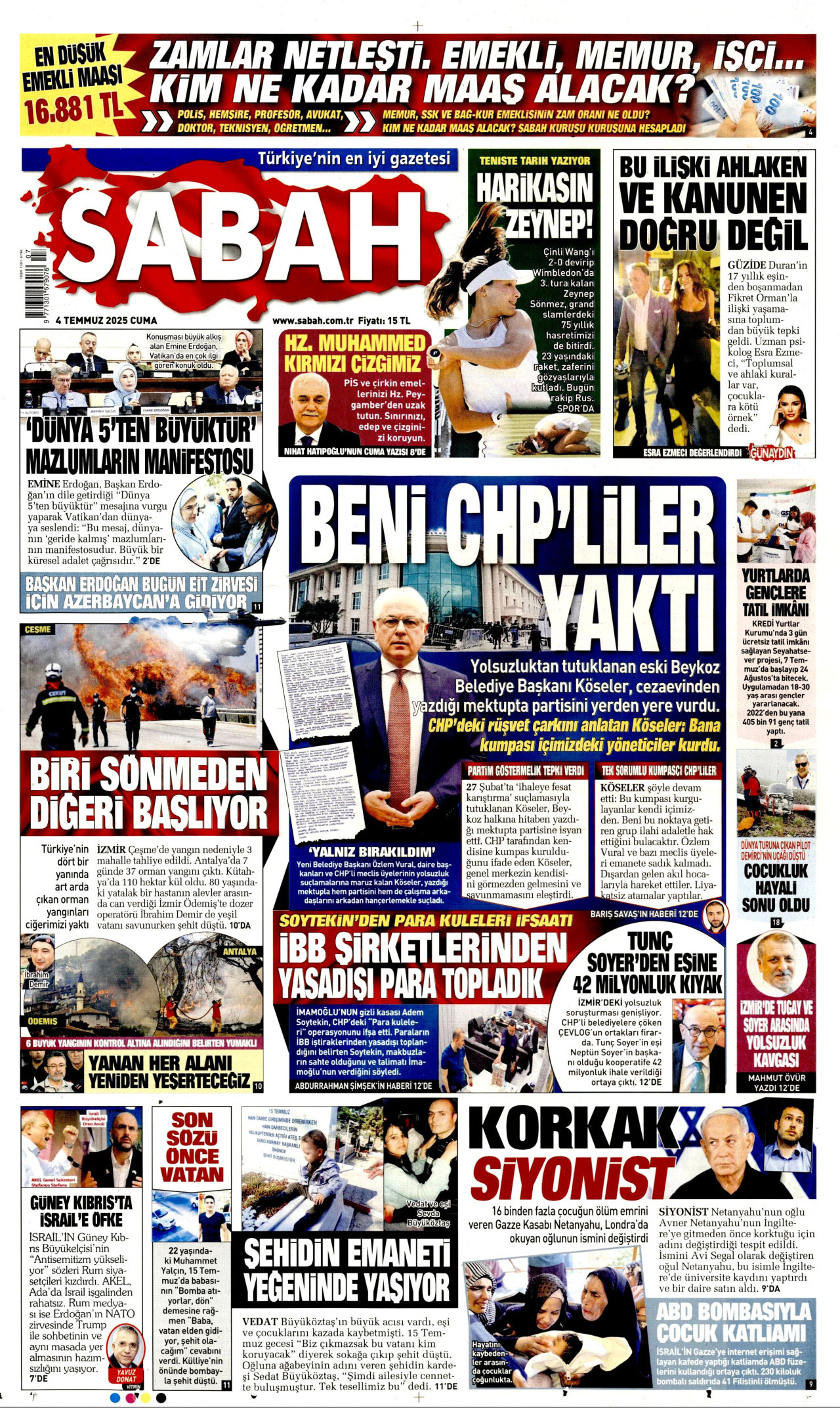 SABAH gazetesinin 4 Temmuz 2025 tarihli birinci sayfası