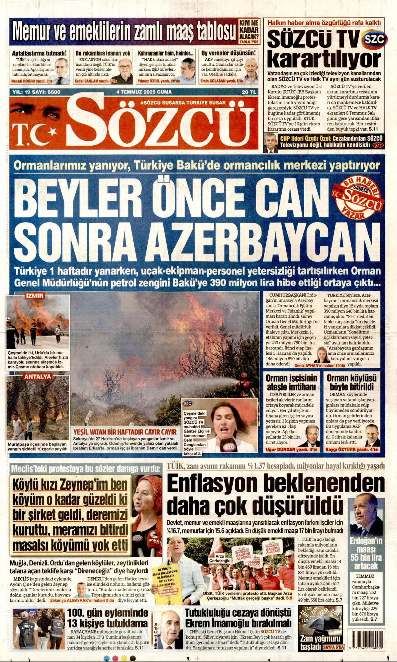 SÖZCÜ gazetesinin 4 Temmuz 2025 tarihli birinci sayfası