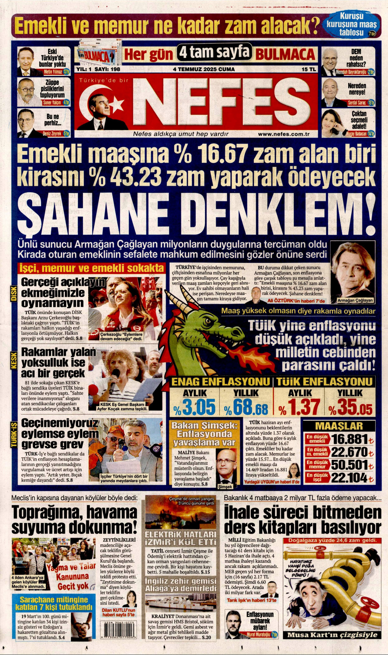 NEFES gazetesinin 4 Temmuz 2025 tarihli birinci sayfası