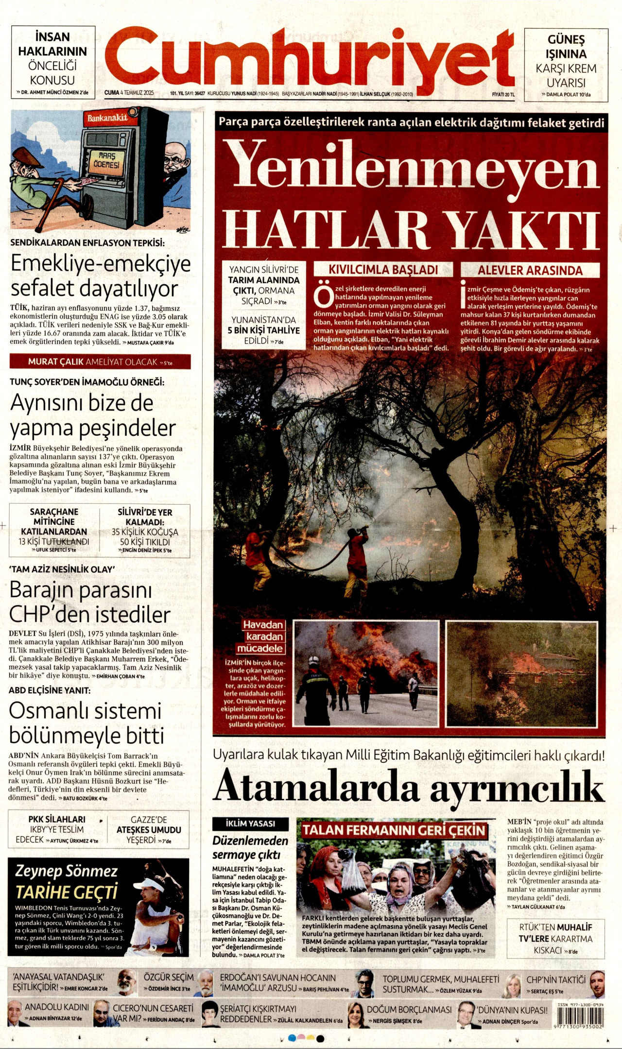CUMHURİYET gazetesinin 4 Temmuz 2025 tarihli birinci sayfası