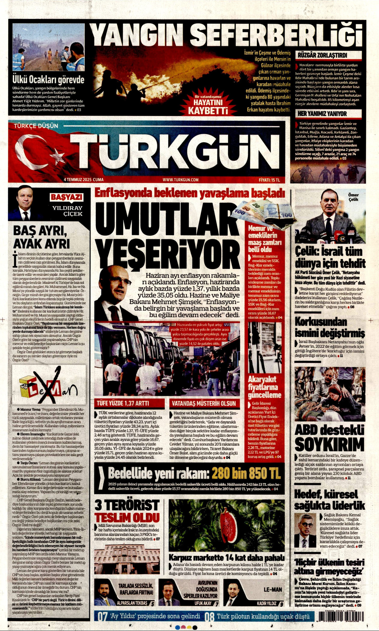 TÜRKGÜN gazetesinin 4 Temmuz 2025 tarihli birinci sayfası