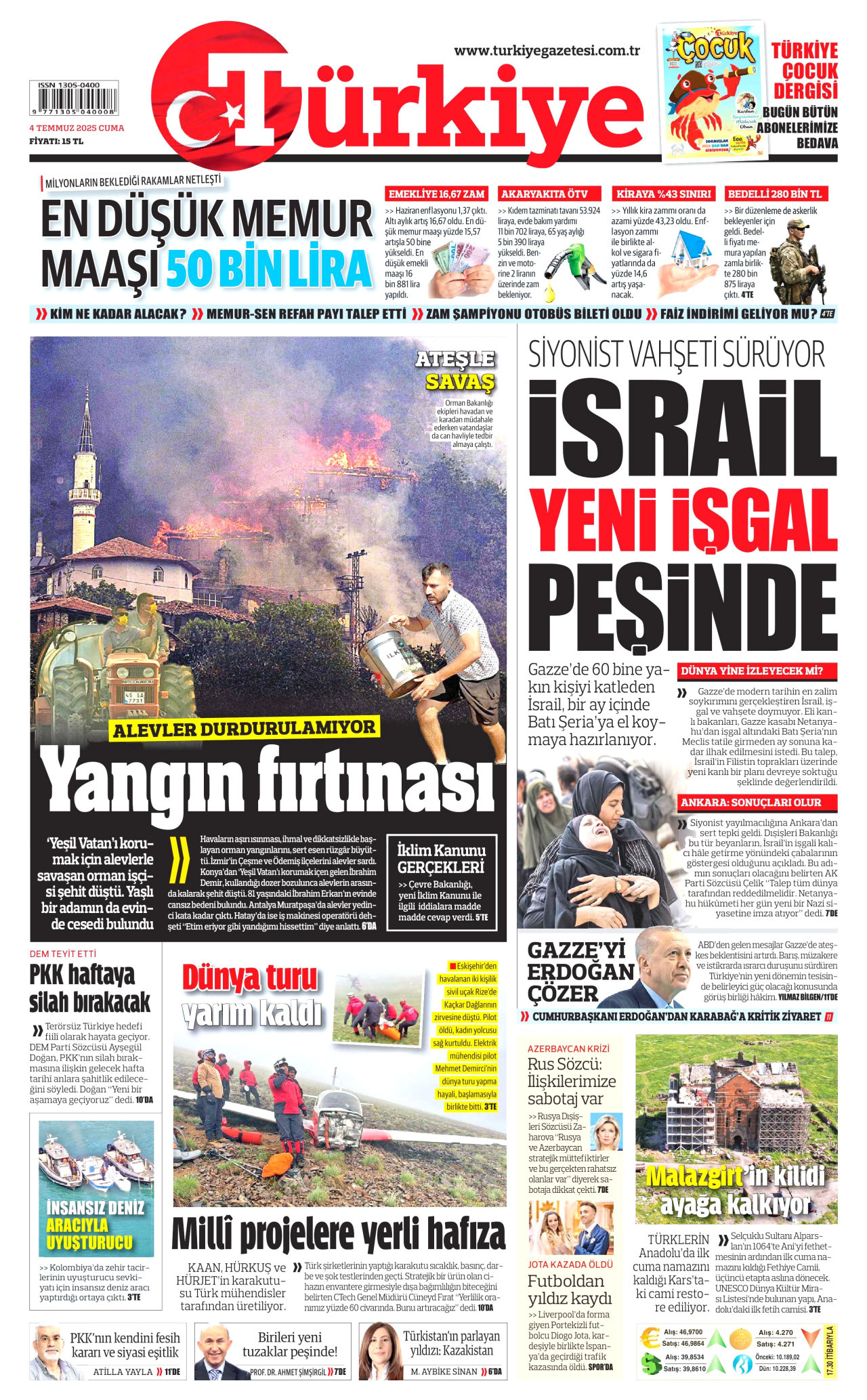 TÜRKİYE GAZETESİ gazetesinin 4 Temmuz 2025 tarihli birinci sayfası