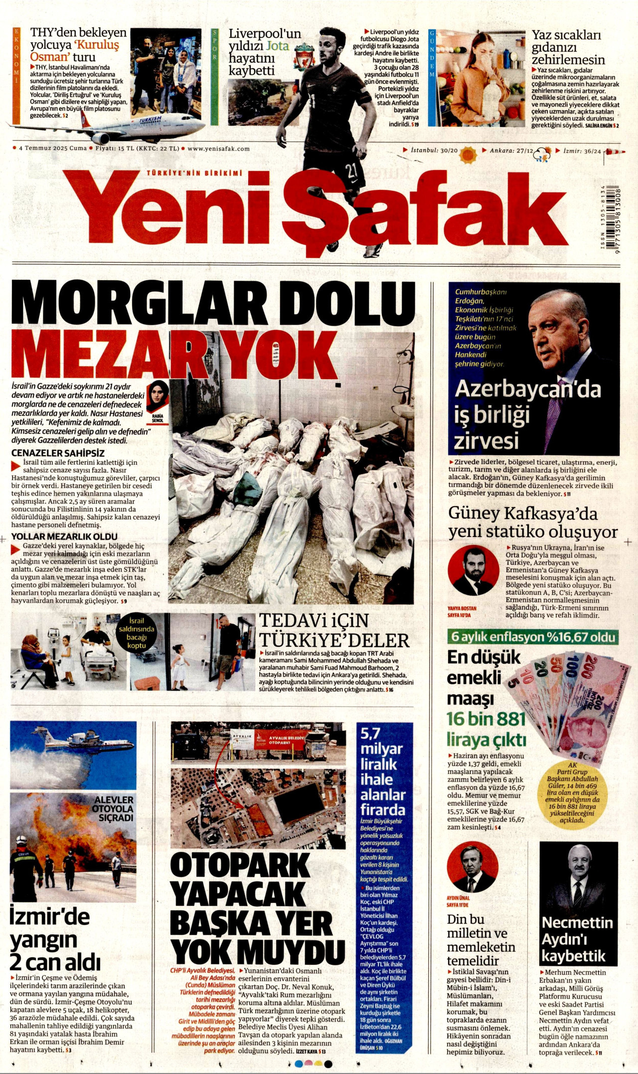 YENİ ŞAFAK gazetesinin 4 Temmuz 2025 tarihli birinci sayfası