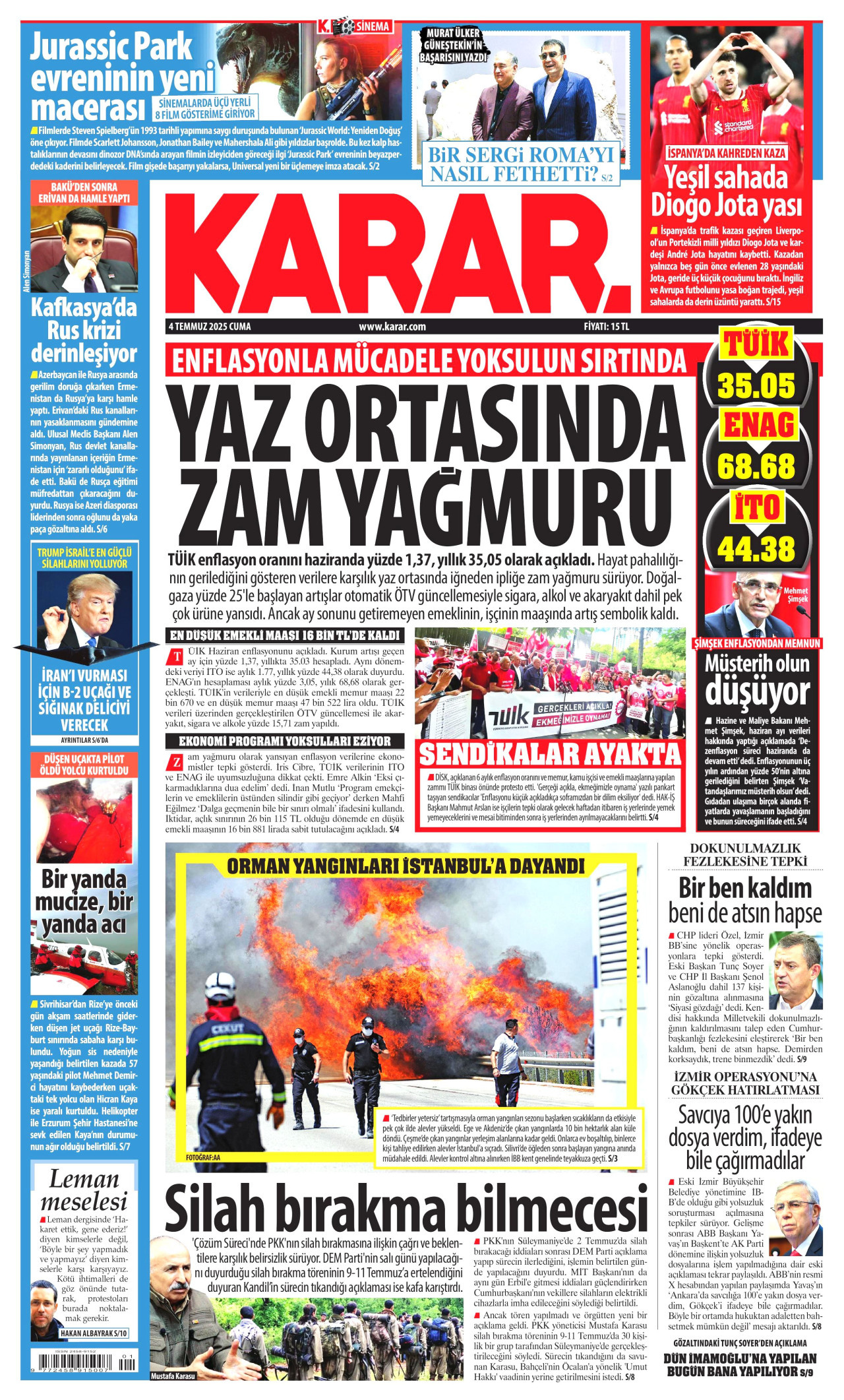 KARAR gazetesinin 4 Temmuz 2025 tarihli birinci sayfası