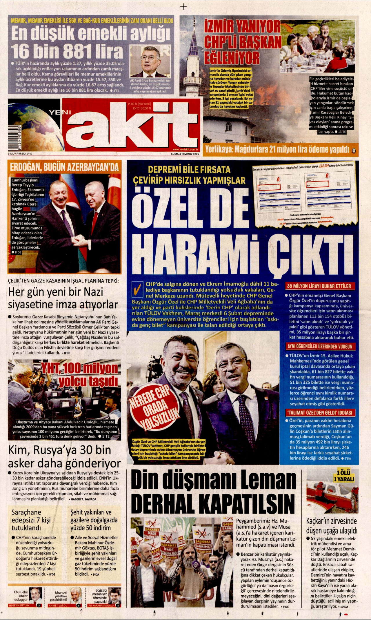 YENİ AKİT gazetesinin 4 Temmuz 2025 tarihli birinci sayfası