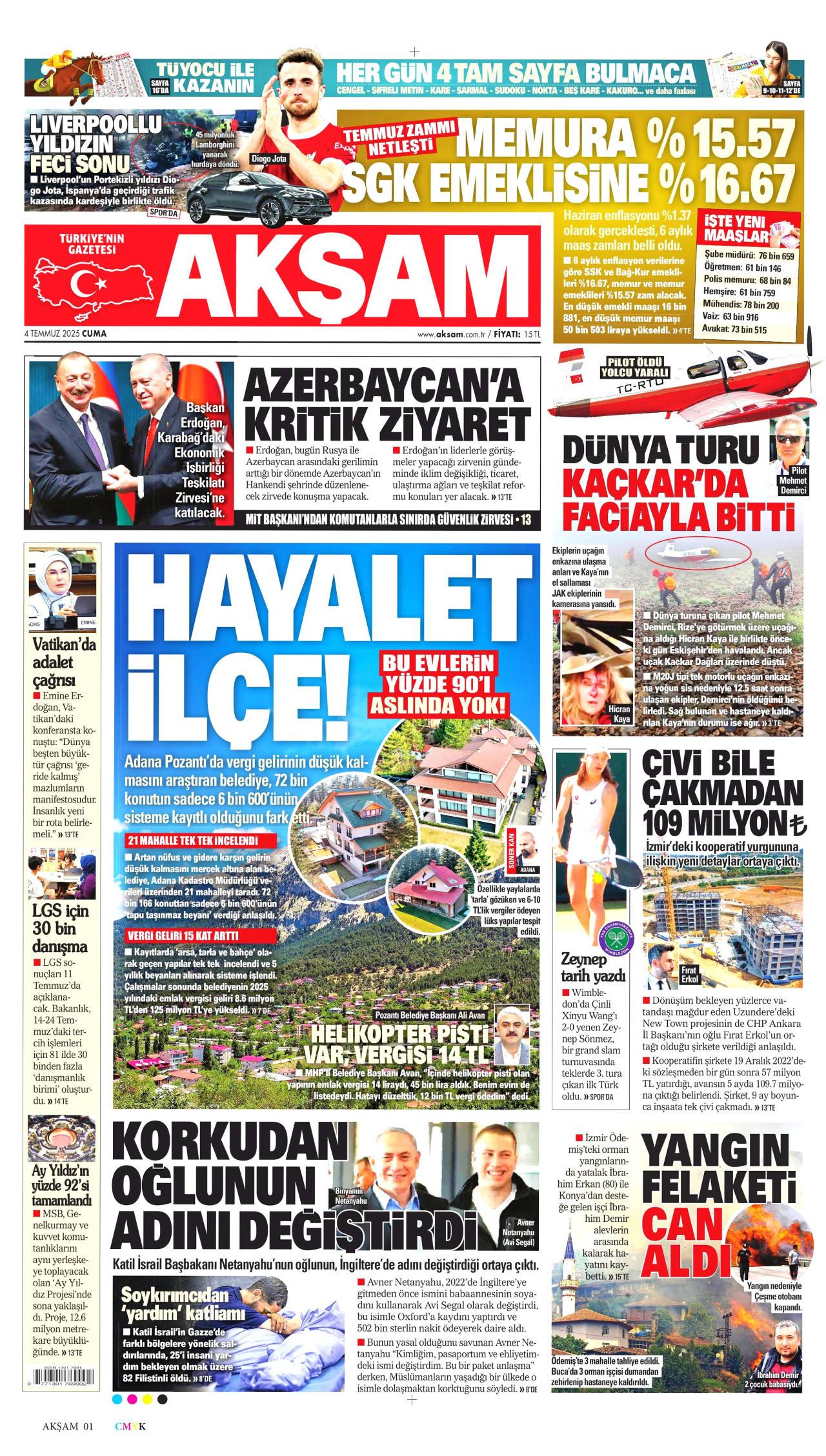AKŞAM gazetesinin 4 Temmuz 2025 tarihli birinci sayfası