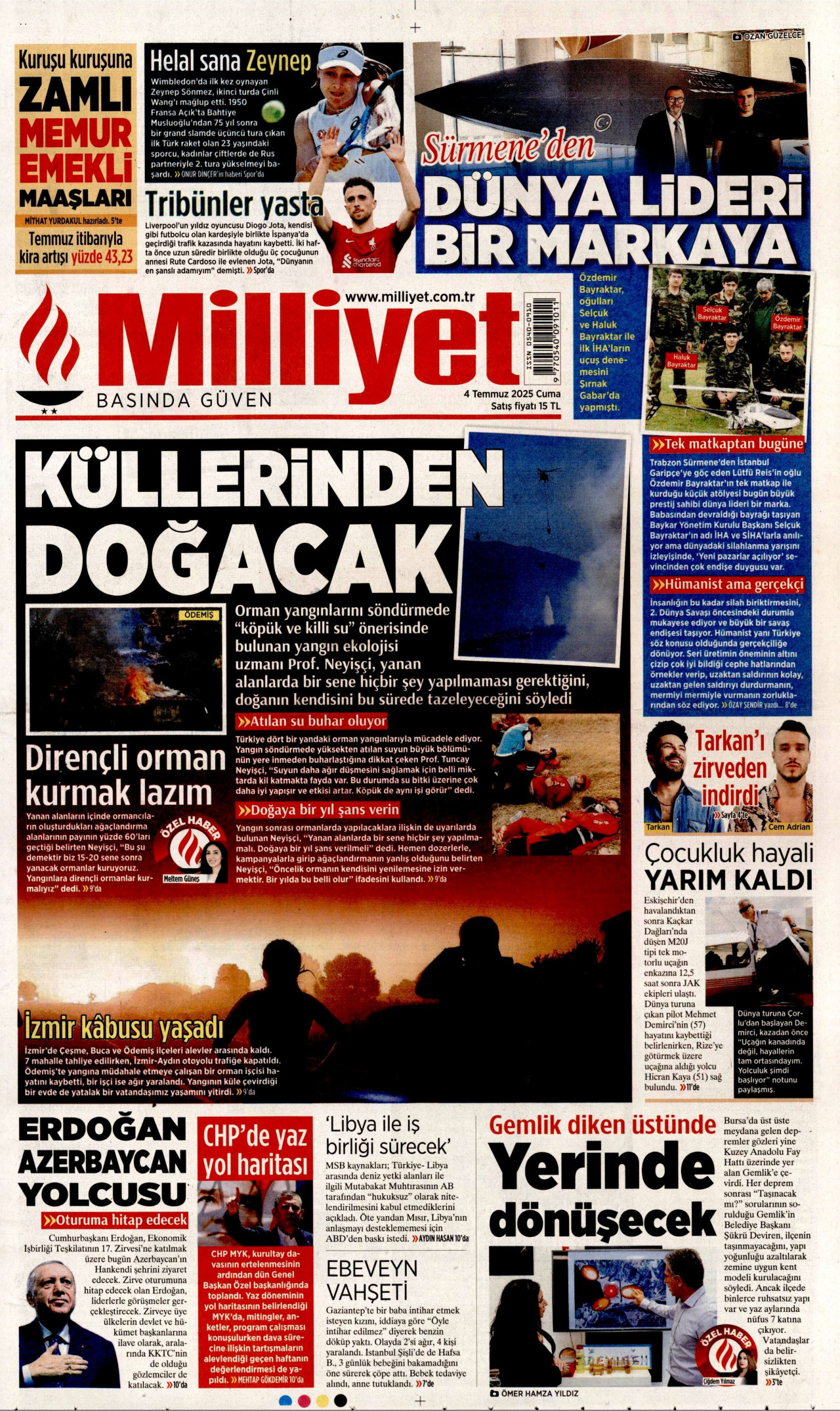 MİLLİYET gazetesinin 4 Temmuz 2025 tarihli birinci sayfası