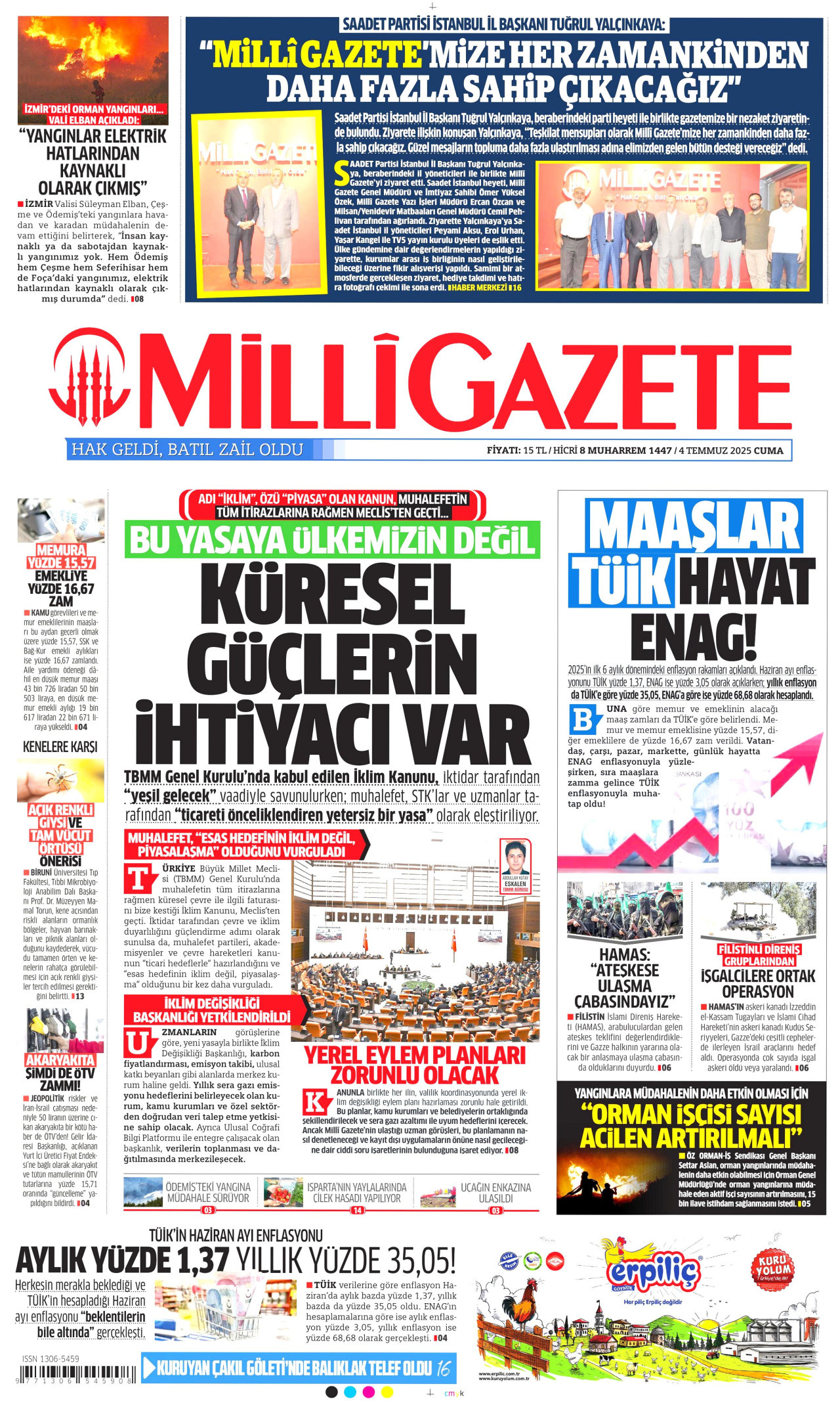 MİLLİ GAZETE gazetesinin 4 Temmuz 2025 tarihli birinci sayfası
