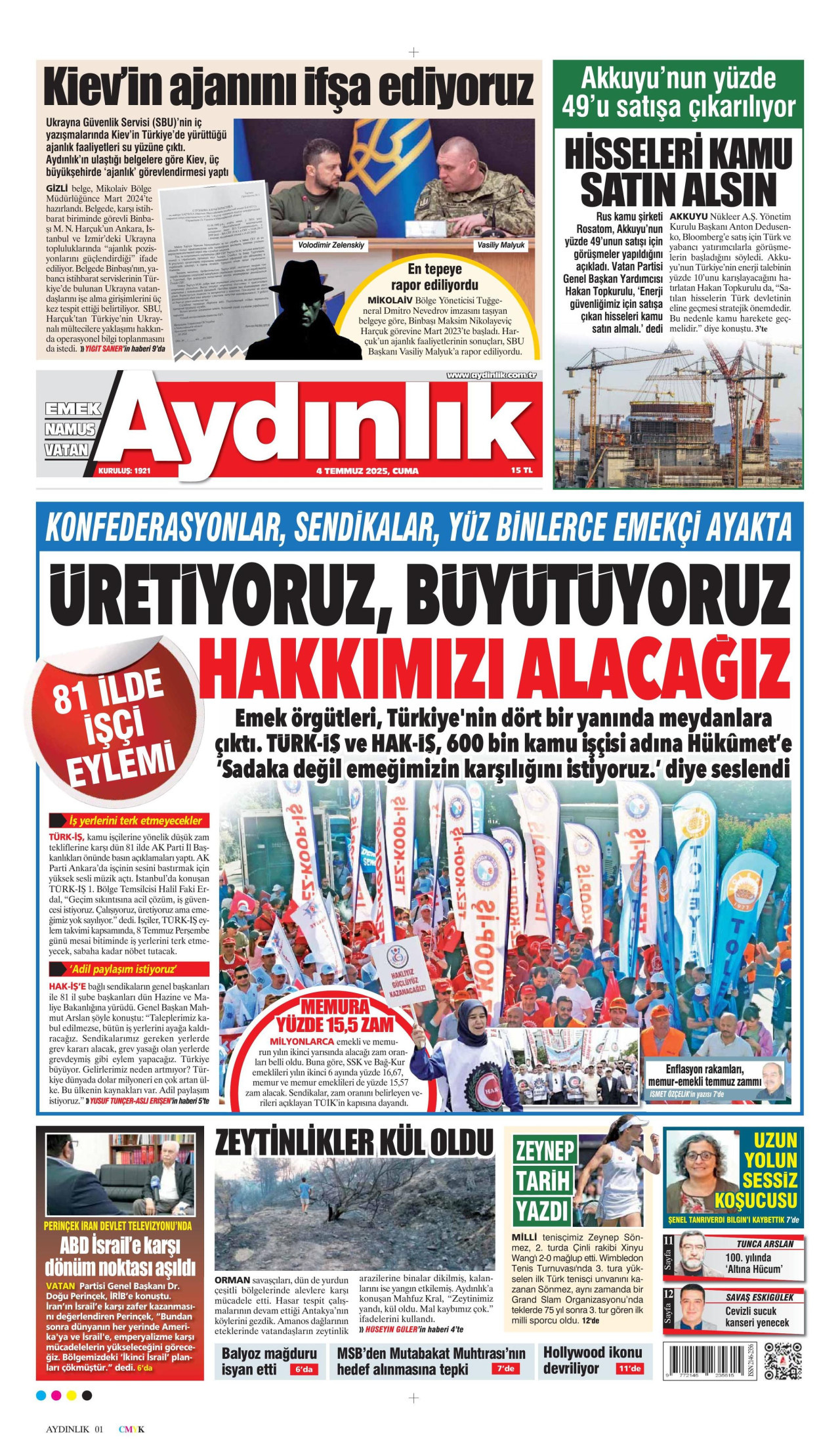 AYDINLIK GAZETESİ gazetesinin 4 Temmuz 2025 tarihli birinci sayfası
