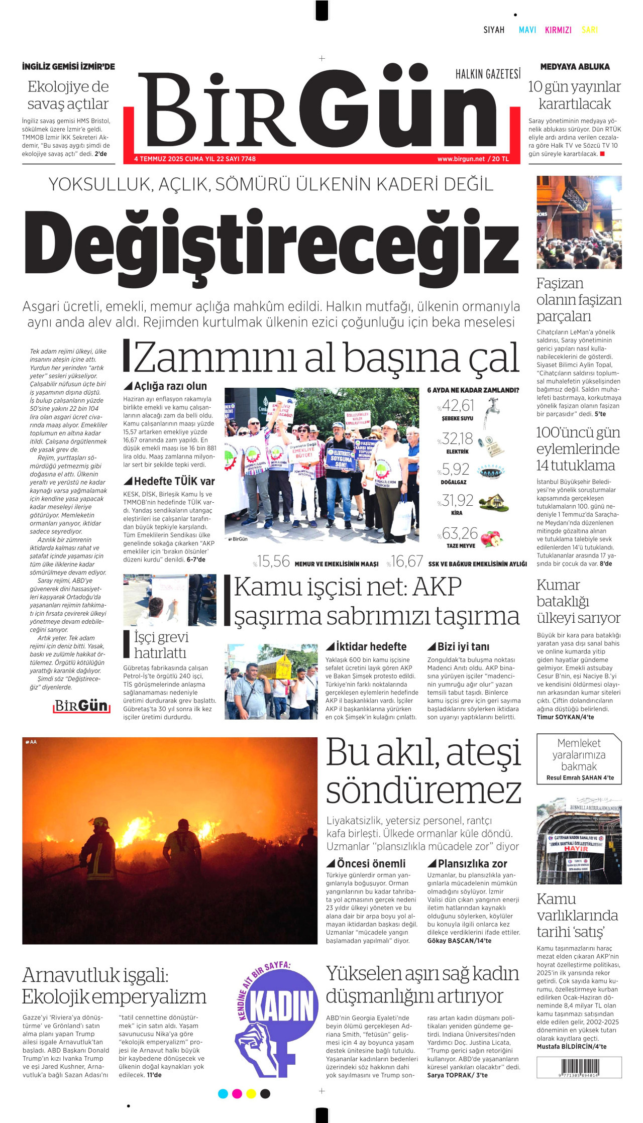 BİRGÜN gazetesinin 4 Temmuz 2025 tarihli birinci sayfası