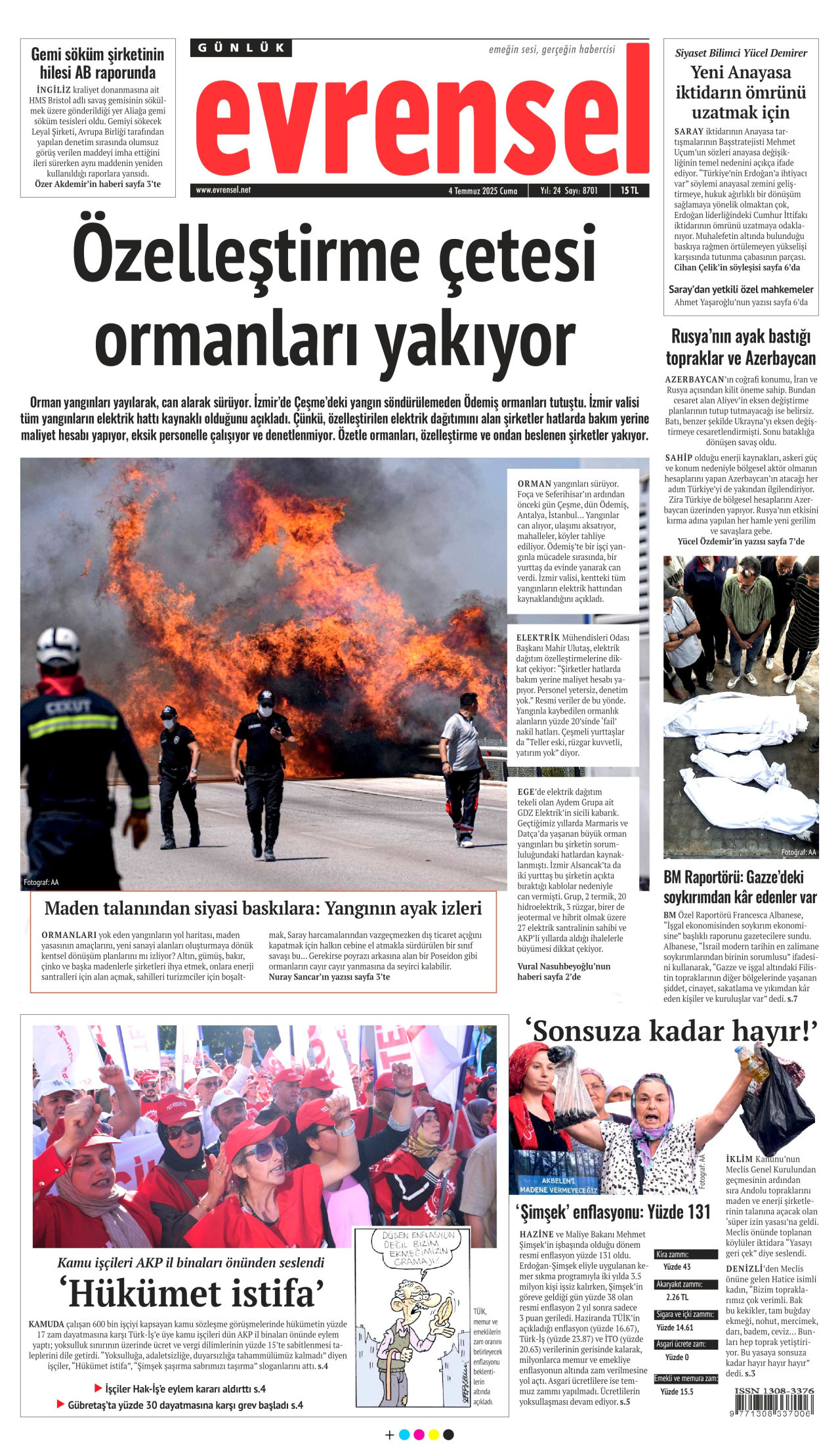EVRENSEL gazetesinin 4 Temmuz 2025 tarihli birinci sayfası
