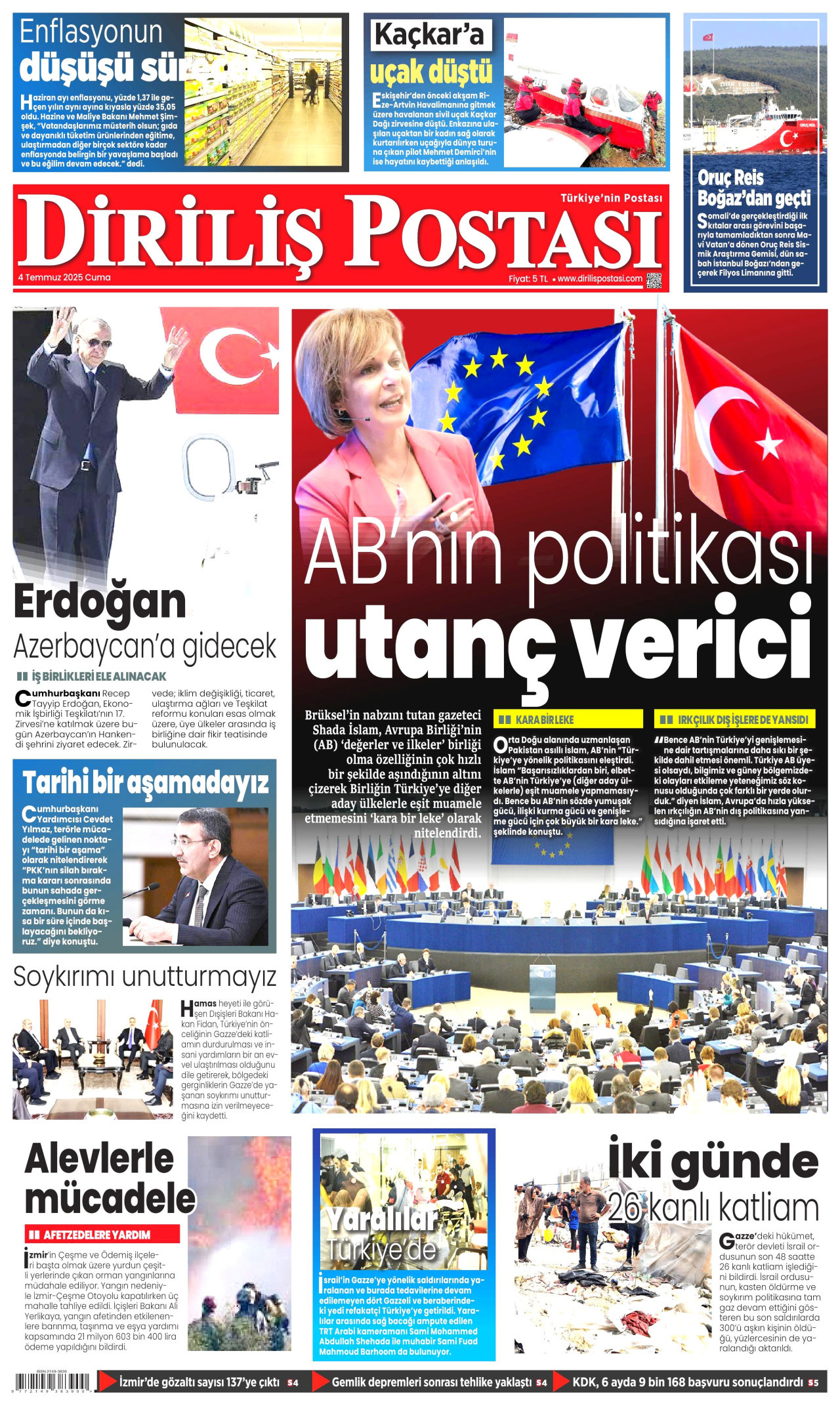 DİRİLİŞ POSTASI gazetesinin 4 Temmuz 2025 tarihli birinci sayfası