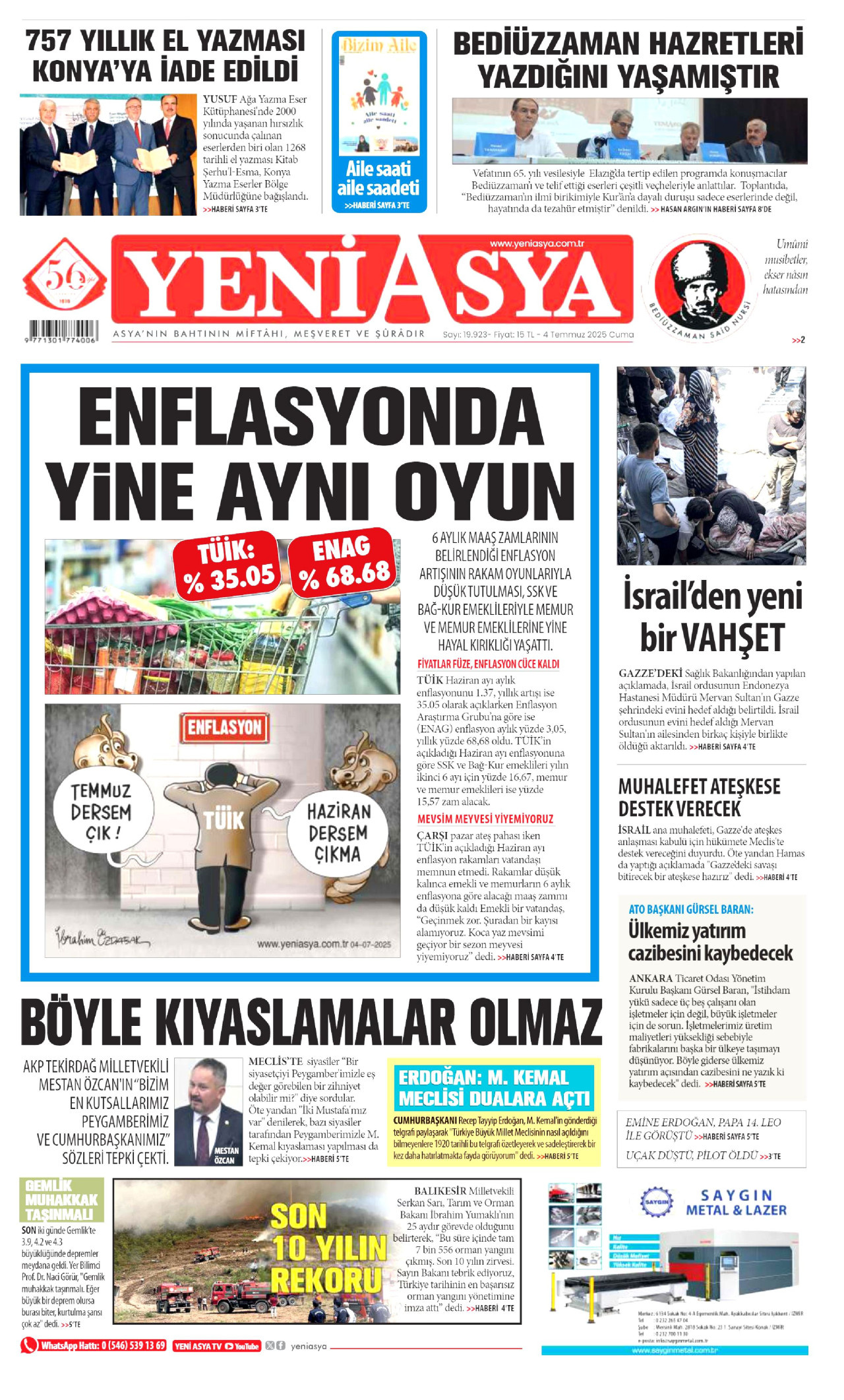 YENİ ASYA gazetesinin 4 Temmuz 2025 tarihli birinci sayfası