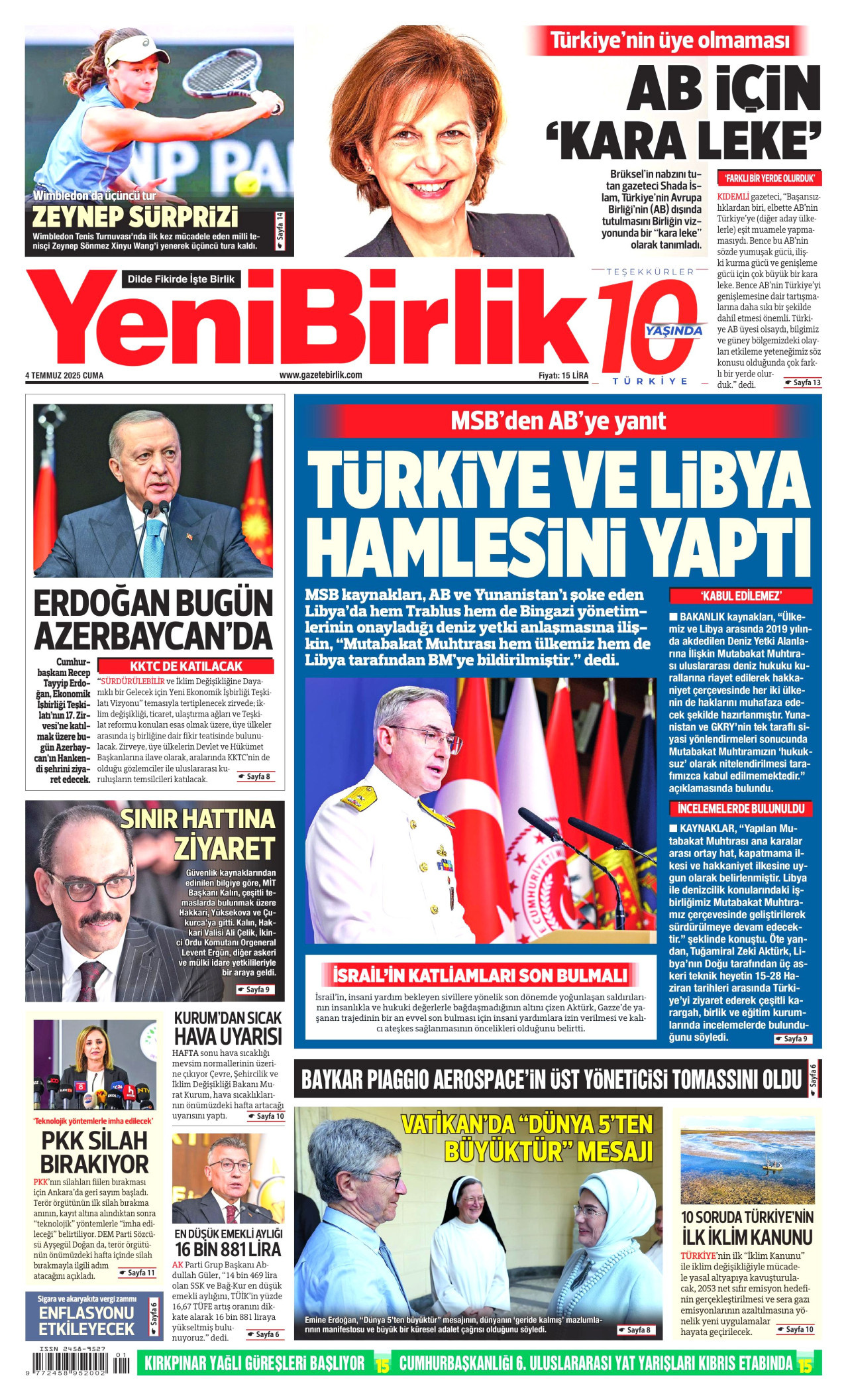 YENİBİRLİK gazetesinin 4 Temmuz 2025 tarihli birinci sayfası
