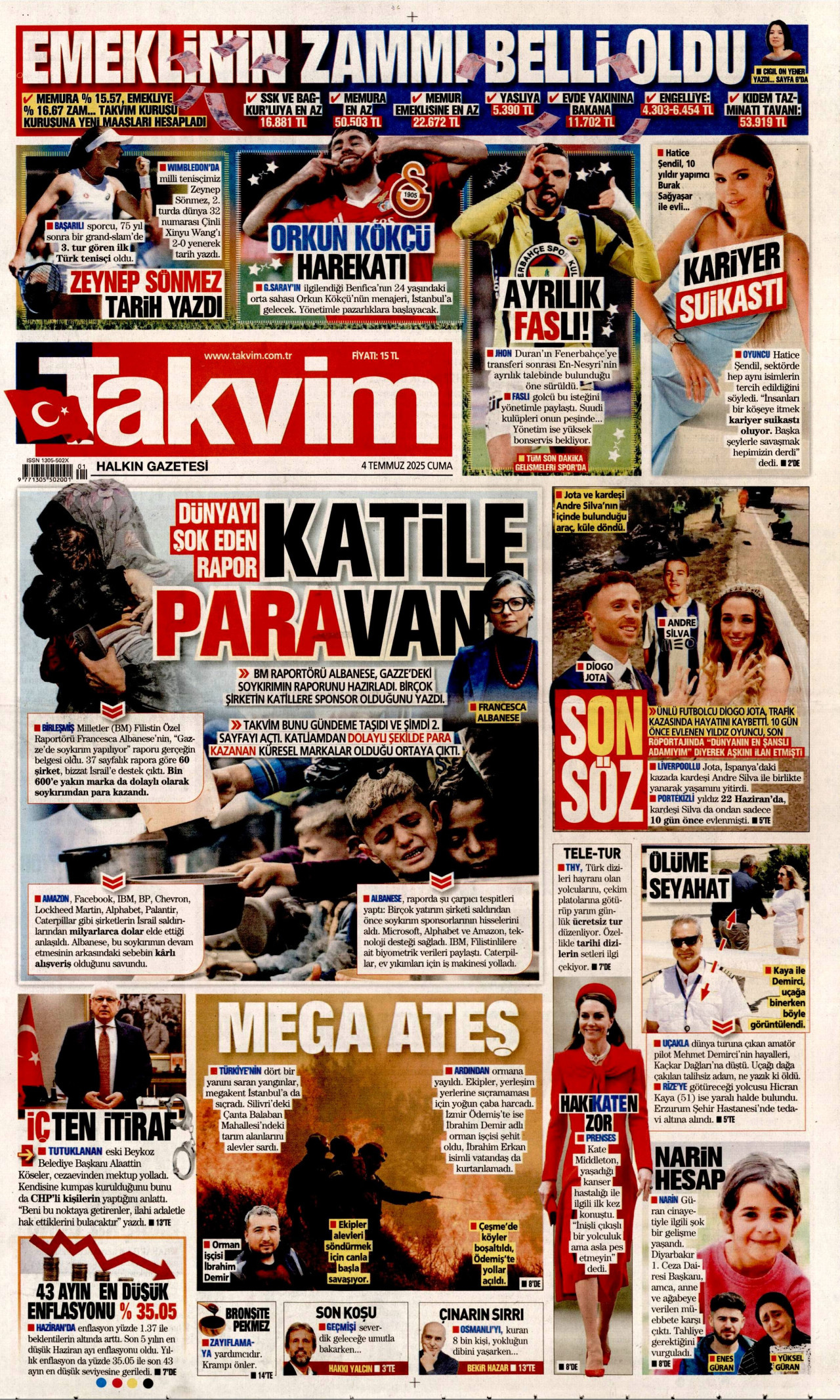 TAKVİM gazetesinin 4 Temmuz 2025 tarihli birinci sayfası