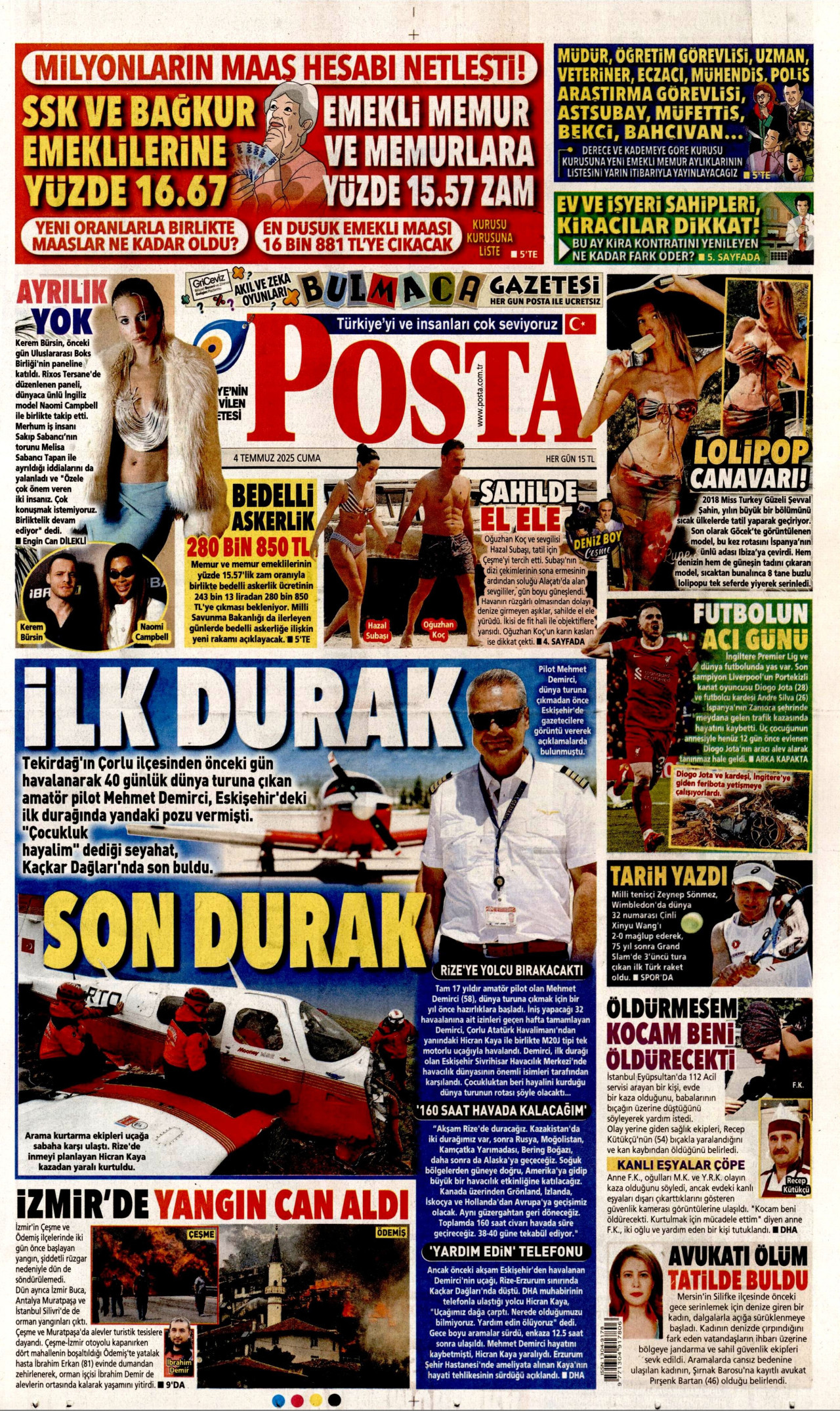 POSTA gazetesinin 4 Temmuz 2025 tarihli birinci sayfası