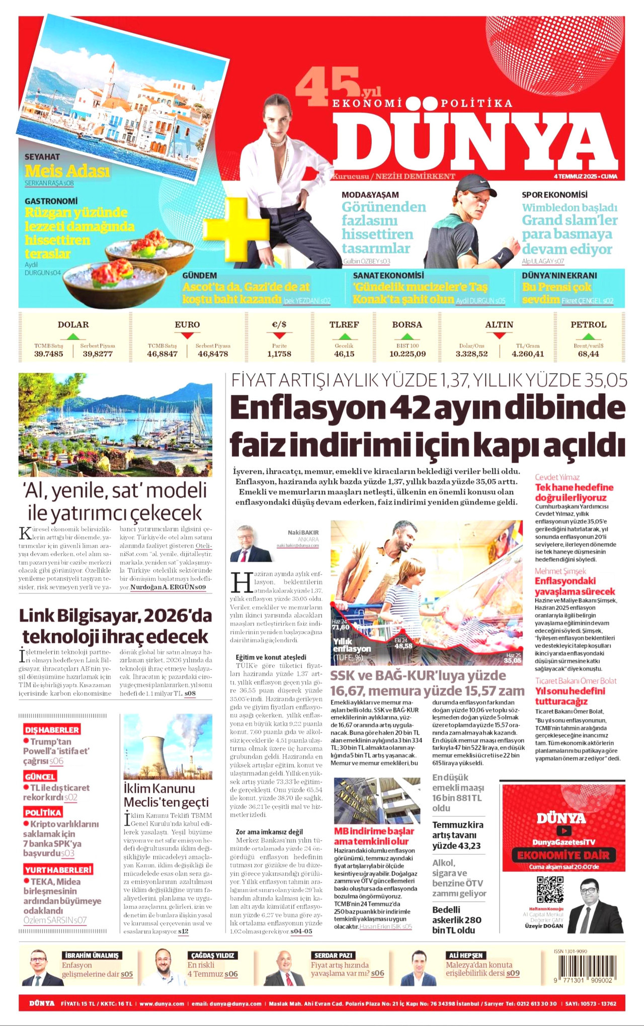 DÜNYA gazetesinin 4 Temmuz 2025 tarihli birinci sayfası