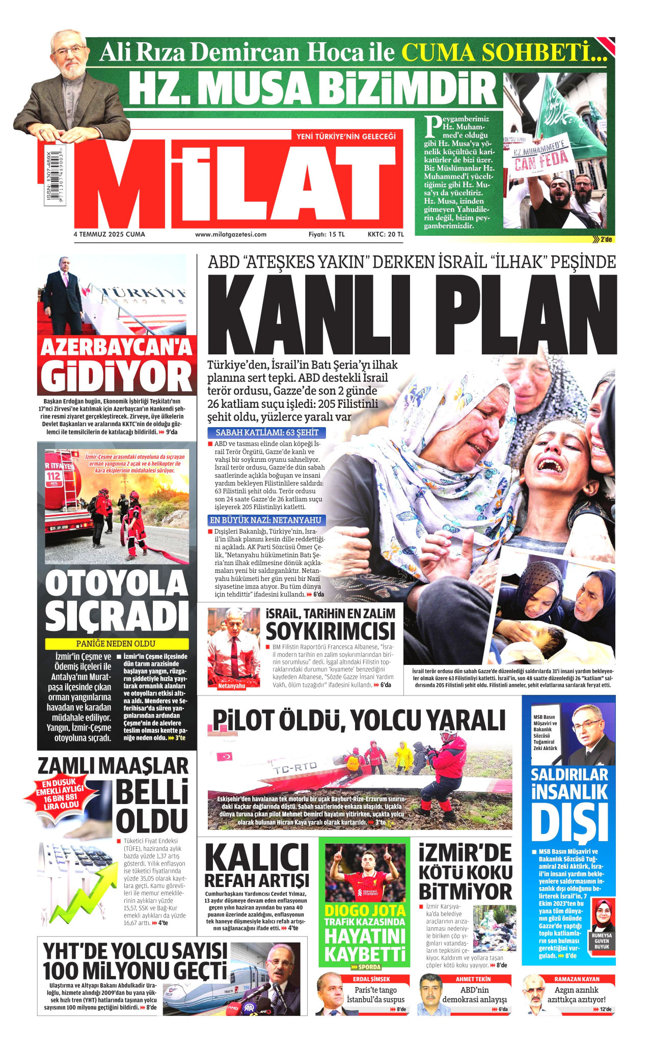MİLAT gazetesinin 4 Temmuz 2025 tarihli birinci sayfası